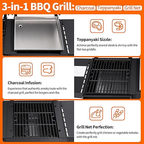 Miniatura 7 de Parrilla combinada de gas propano y carbón de 2 quemadores con plancha, 19100 BTU al aire libre barbacoa ahumador barbacoa parrilla con quemador