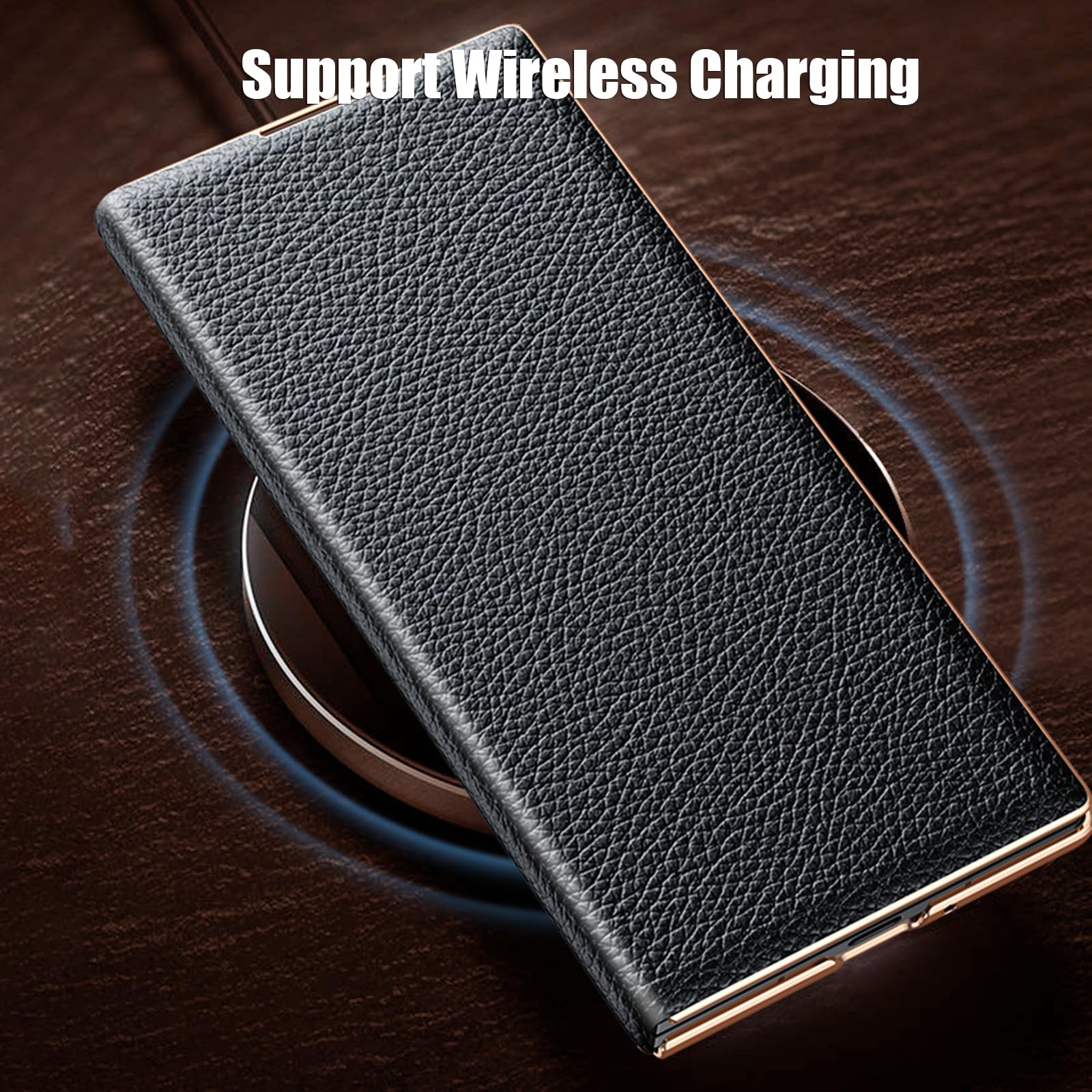 Etui z klapką do Samsung Galaxy Z Fold 7, smukłe luksusowe etui biznesowe z motywem liczi z prawdziwej skóry z ocynkowaną obudową, czarny, Z Fold 7