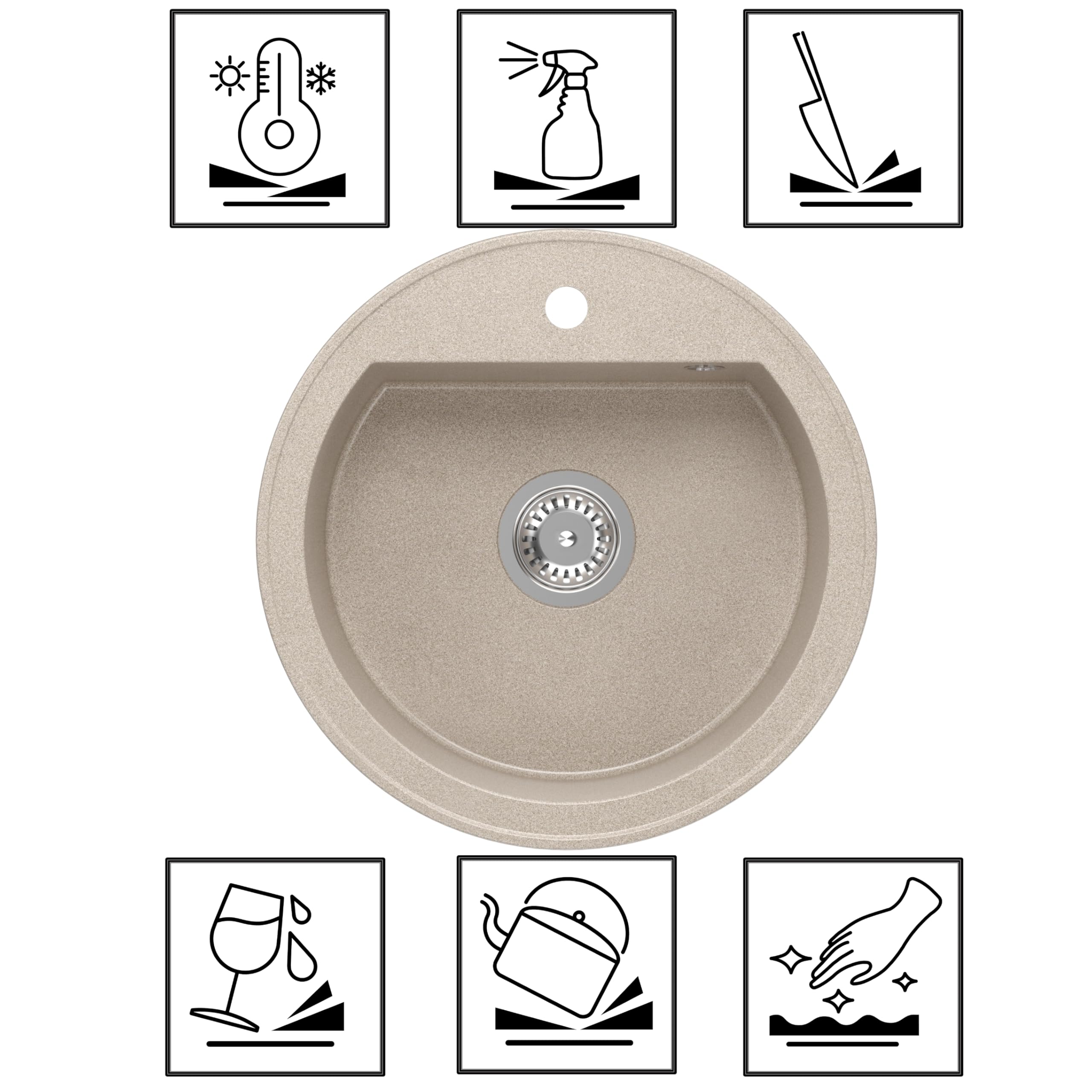 QUADRON fregadero de cocina redondo | tamaño 51 x 51 x 18 cm, diámetro 43, beige y acero | fregadero de granito JOHNNY 210 | fregadero empotrado con orificio para grifo | fregadero de un seno