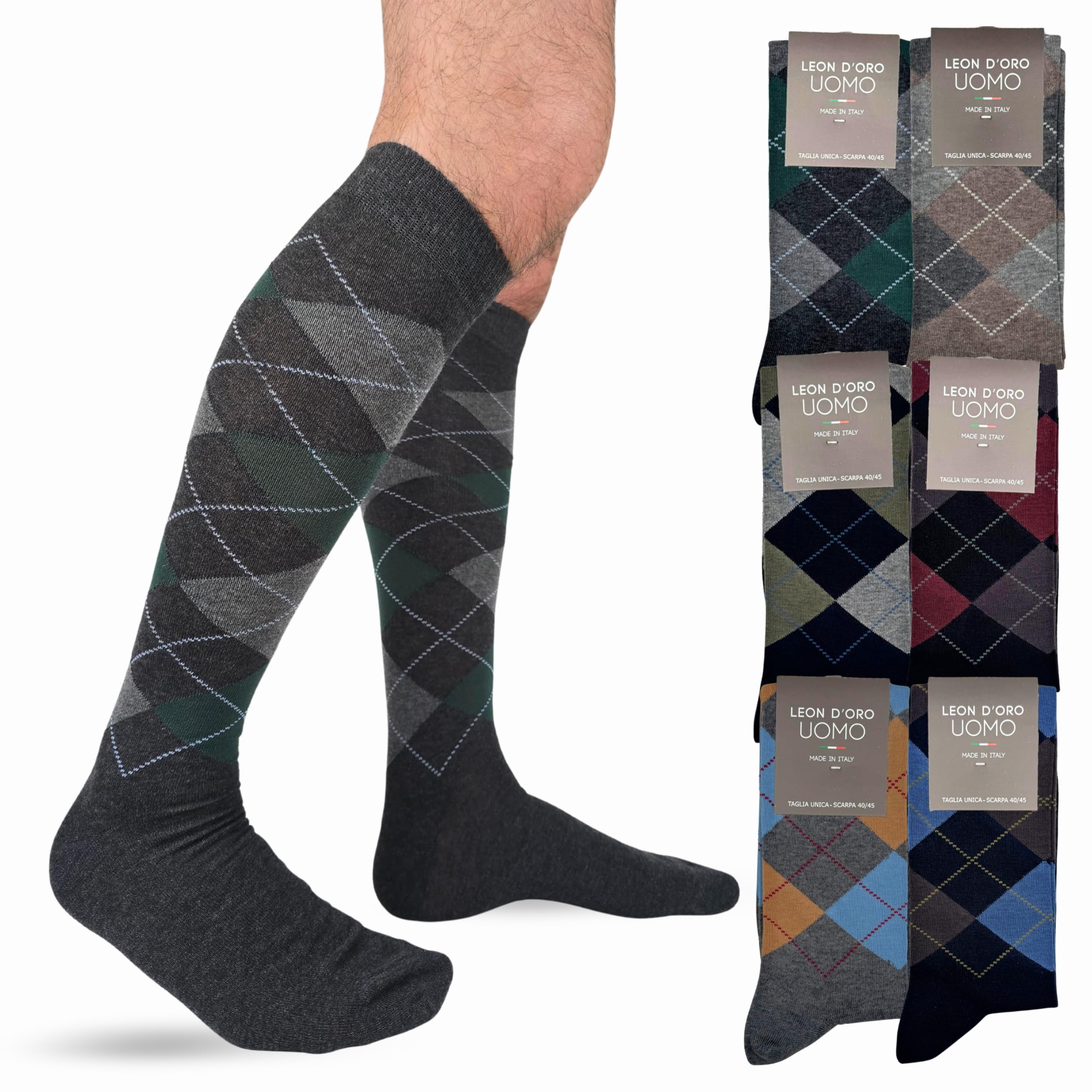LEON D'ORO Calze Uomo Caldo Cotone Lunghe calze uomo invernali Fantasia calze Moda Made in Italy