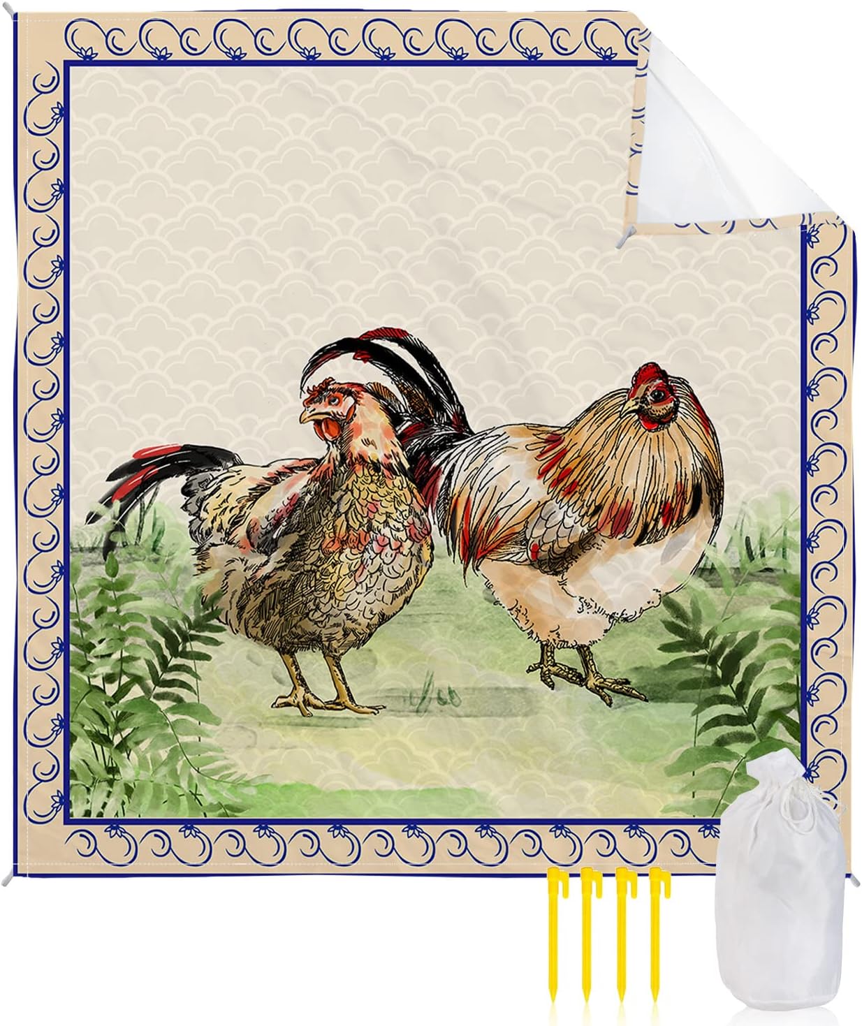 Beach Blanket, Vintage Farm Hens Chicken Sandproof Beach Mat 108"x84" Outdoor Picnic Blankets Green Grass Retro Ethnic Border Portable Picnic Mats for Vacation, Travel, Camping, Hiking