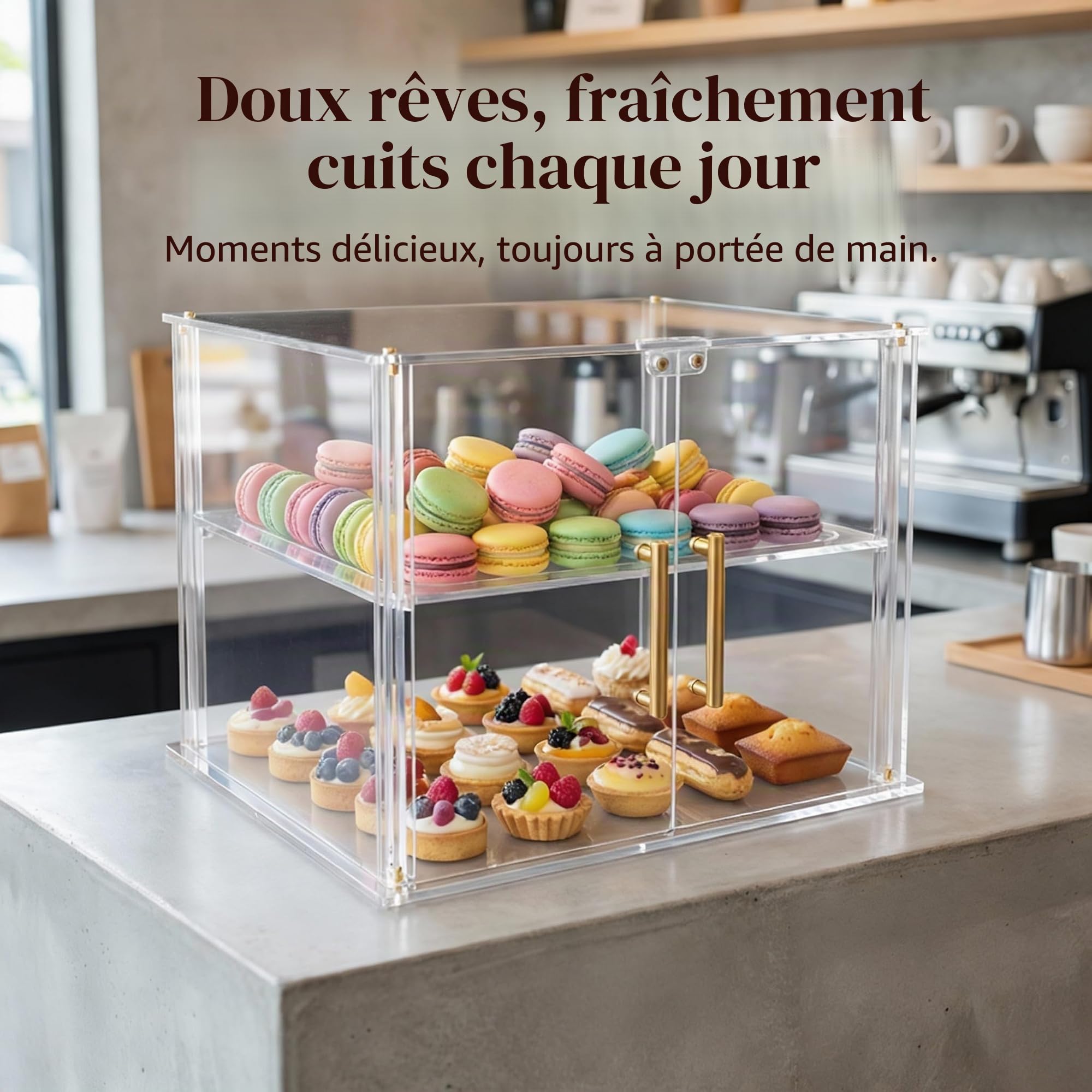 Vitrine de boulangerie à 2 niveaux avec porte magnétique, vitrine en acrylique transparent pour comptoir de cuisine, présentoir à pâtisserie, garde au frais pour beignets, bagels, gâteaux
