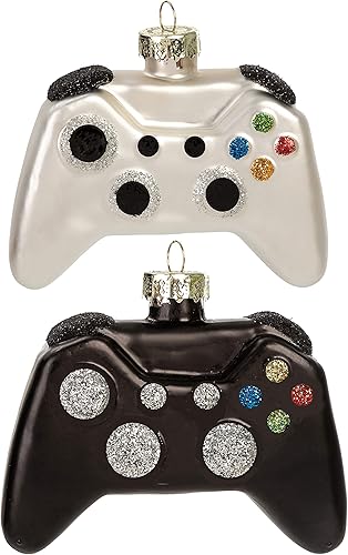 Miniatura 8 de JOYIN Controlador de videojuegos de cristal de Navidad, adorno pequeño, mini juego de 2 piezas en blanco y negro soplado para colgar en el árbol,