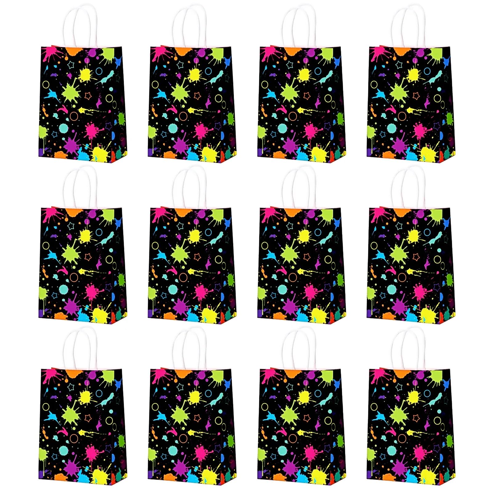 BORFUE 12Pcs Neon Glow Party Bags,Fluorescent Colored Paper Bags with Handles Glow in the Dark,for Theme Party Decoration or Packing Birthday Gifts