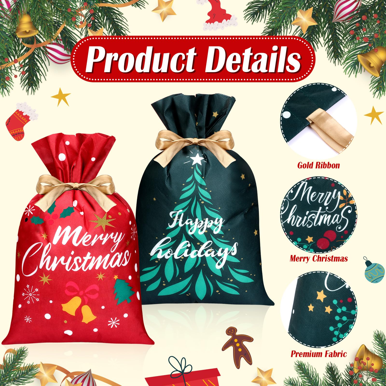 Wesnoy 20 bolsas de regalo de Navidad con cordón, bolsas de regalo de tela no tejida, bolsas de regalo de 12 x 18 pulgadas, bolsas reutilizables de regalo de Navidad con cordón para almacenamiento de