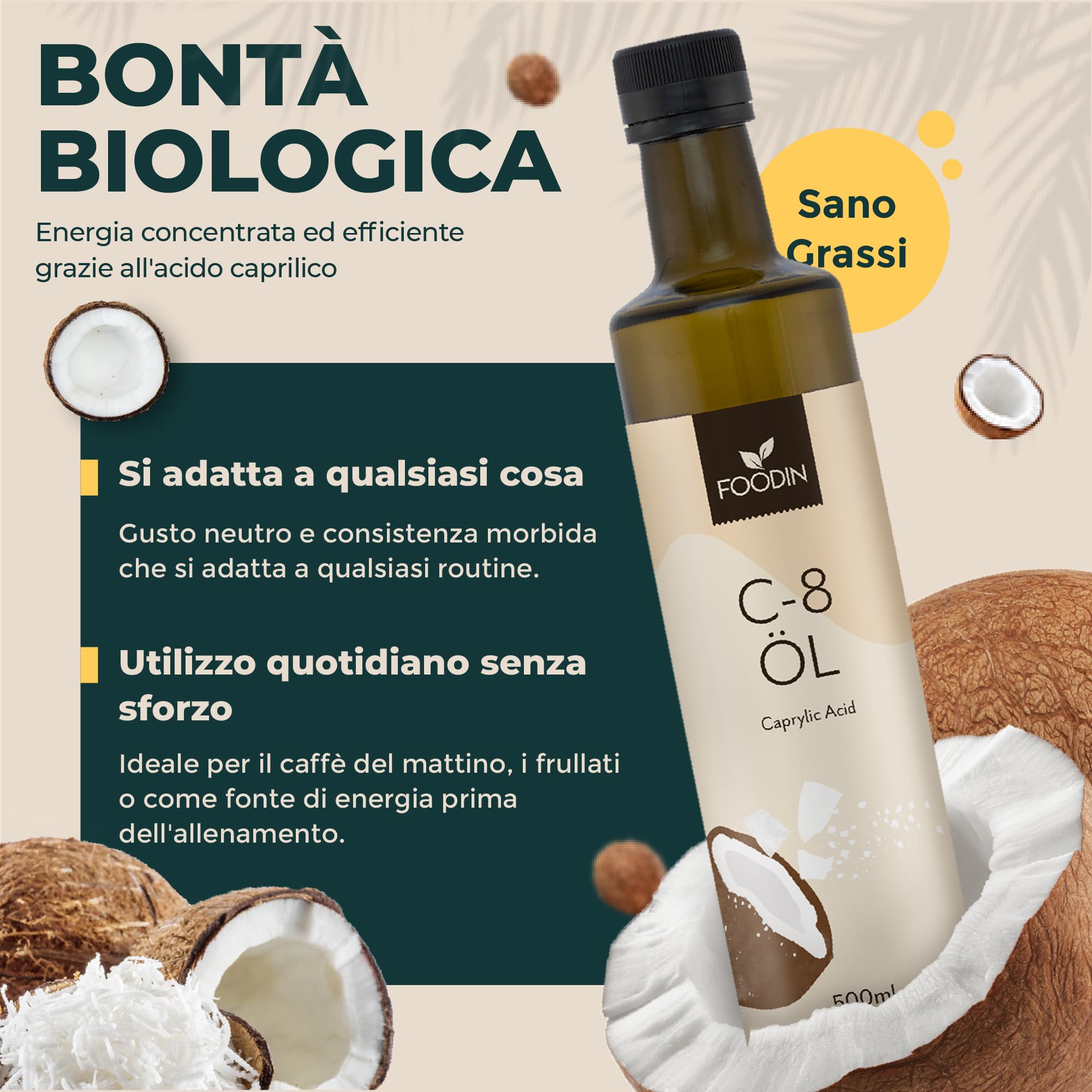 FOODIN MCT Oil C8, 1000 ml di olio di cocco, ideale per la dieta chetogenica, chetoni di olio MCT da bere, 3 volte più chetoni (100% C8), olio di cocco liquido e non aromatizzato (2x500 ml)