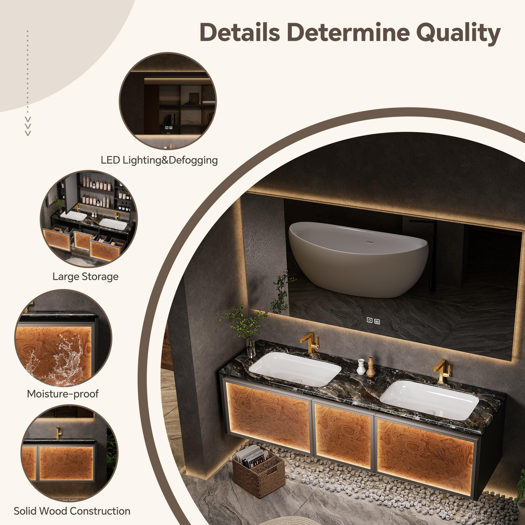 Moderno doppio lavabo da bagno con specchio LED anti-appannamento a parete design galleggiante in legno massello costruzione Sto Solut per bagni contemporanei