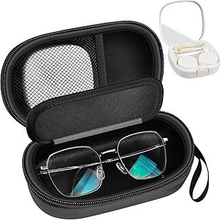 GWCASE Portable 2 in 1 Contact Lens Case and Glasses Case, Traveling Contact Cases Bag Box Holder with Soak Storage Kit Included Built-in Mirror, Tweezer, Lens Solution Bottle and Hand Strap-Black