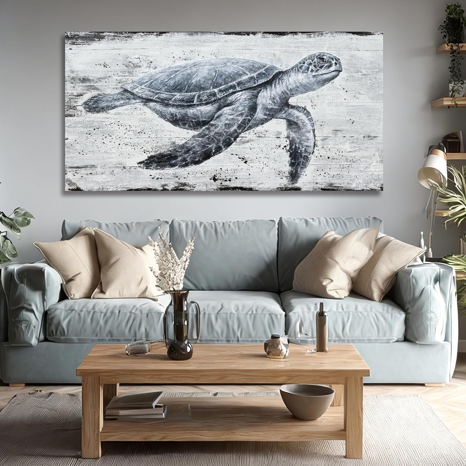 Hue7Art Marine Life Turtle Wall Art Canvas Ocean Wildlife Illustration, Retro Coastal Style Painting for Living Room Bedroom Bathroom Seaside Wall Decoration 29x58 Inch
