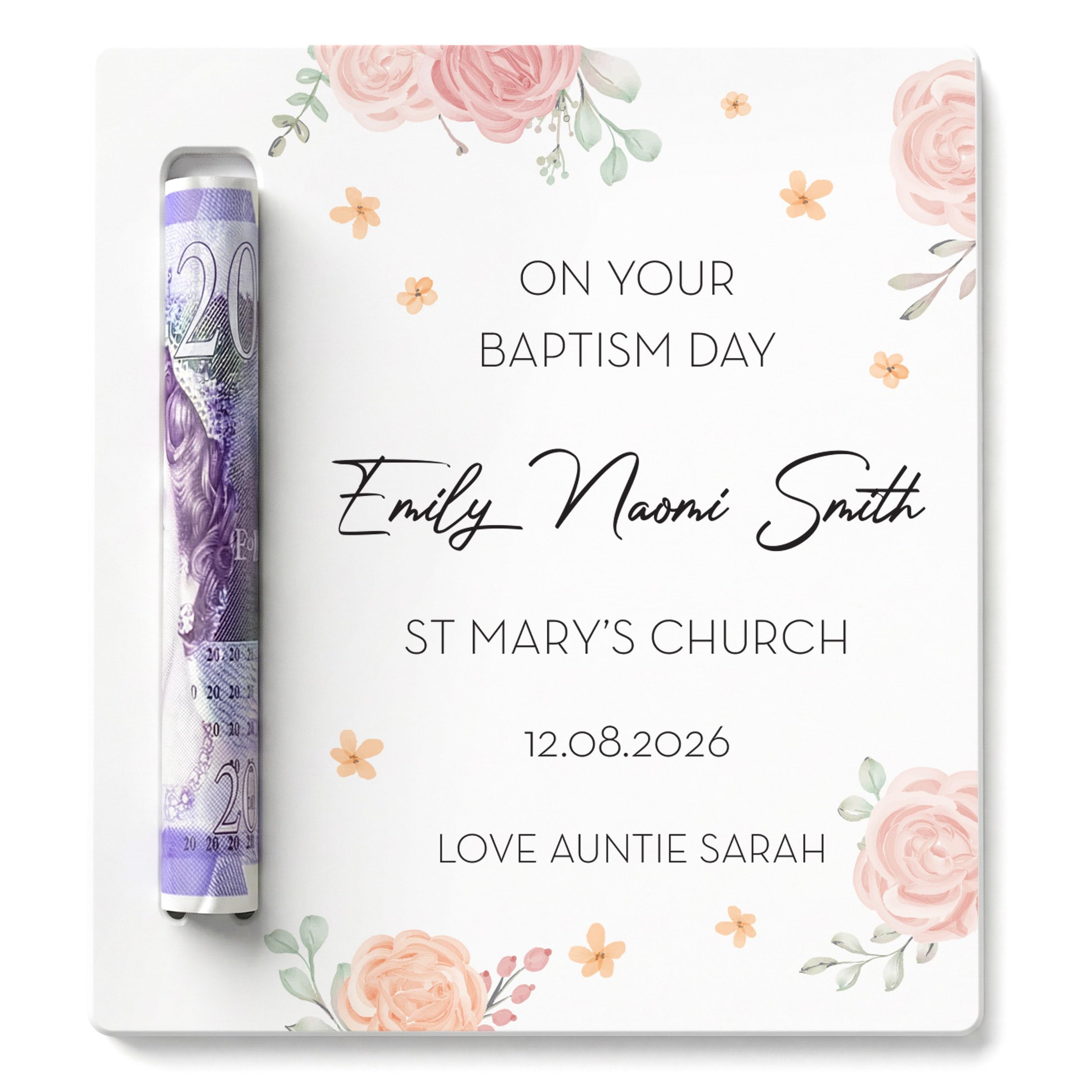 Beecreative Personalised Baptism Gifts For Girls or Goddaughter - White Acrylic Money Holder Wallet Present - Custom Made Keepsake Present