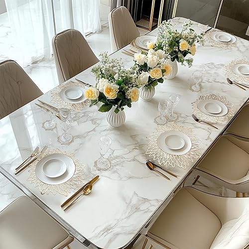 Miniatura 7 de Neween Juego de 4 manteles individuales redondos dorados y metálicos, lavables, 8 piezas a juego, diseño de hojas de vinilo prensadas redondas,