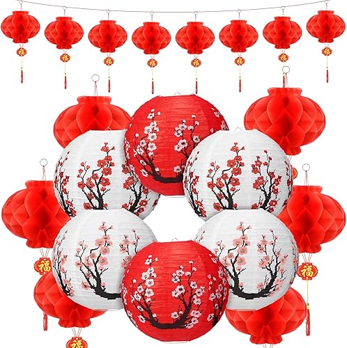 Miniatura 7 de Fumete 20 linternas de papel chinas japonesas de 12 pulgadas y faroles rojos de 8 pulgadas, decoraciones de fiesta Hibachi en flor de cerezo japonés