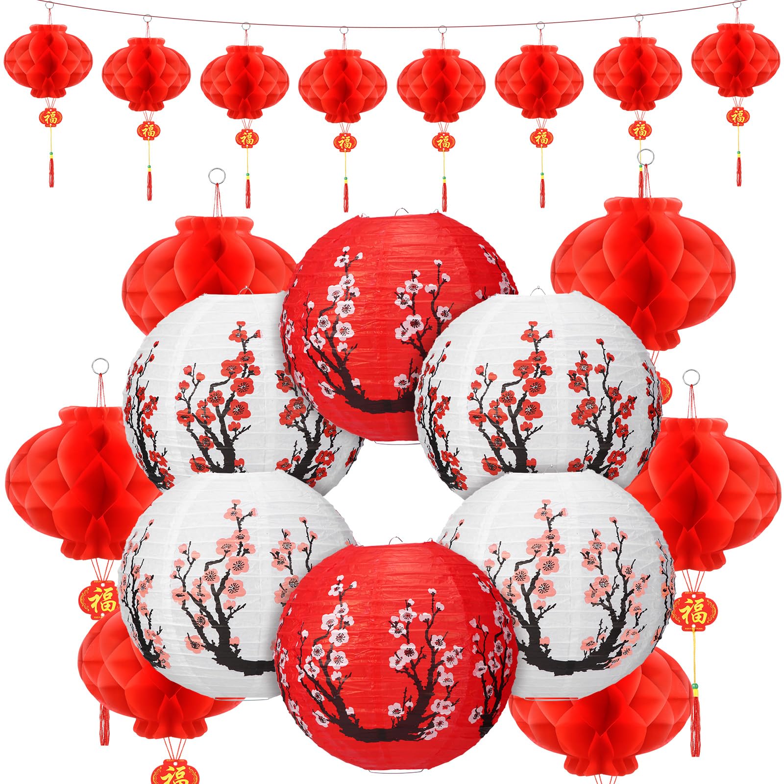 Fumete 20 Pcs 12" Chinese Japanese Paper Lanterns and 8" Red Lanterns Hibachi Party Decorations Cherry Blossom Decorative Hanging Lanterns for Chinese New Year Home Restaurant(Multicolor)