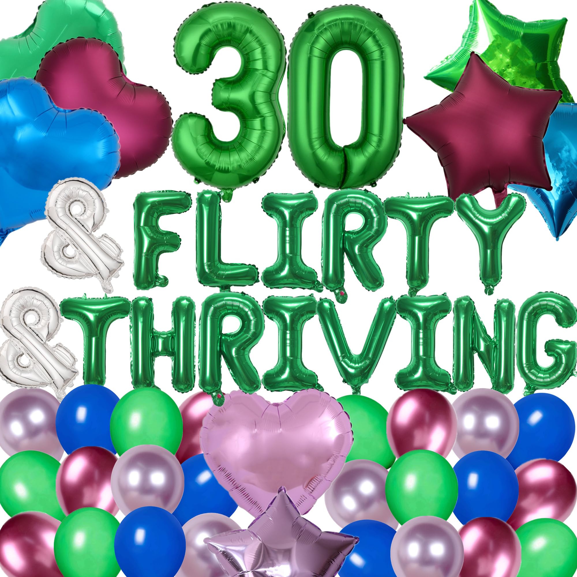 DUFACAI 52 Pieces 30 & Flirty & Thriving Birthday Party Decorations 30th Birthday Banner Green Number Balloons Heart Star Balloons Latex Balloons for