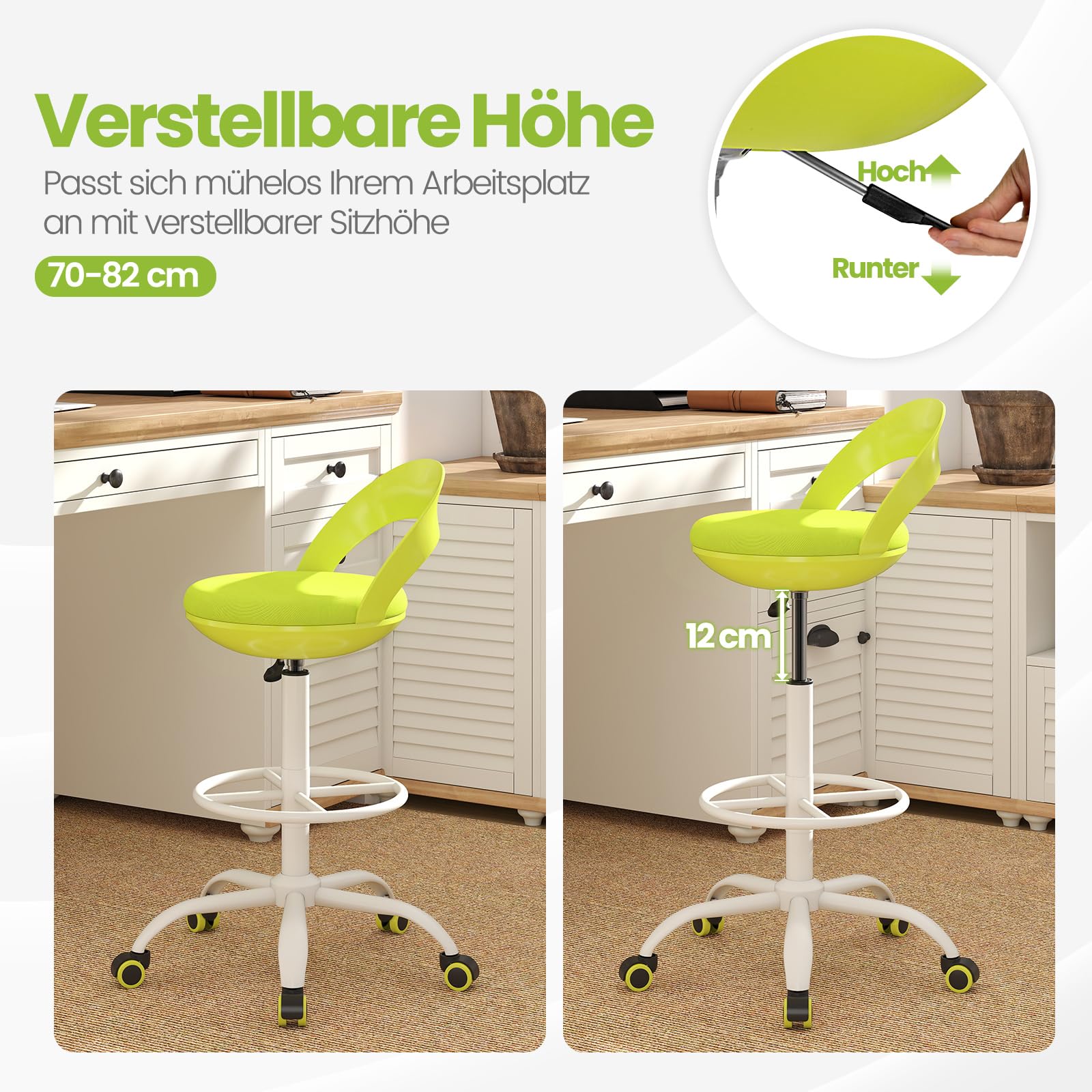 COSTWAY Taboret na kółkach z regulacją wysokości, taboret obrotowy na kółkach, 70-82 cm, taboret roboczy z siedziskiem tapicerowanym sztuczną skórą, taboret biurowy do studia artystycznego, rysowania