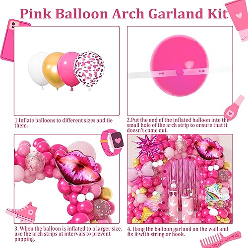 Miniatura 3 de Kit de guirnalda de arco de globos rosa princesa, 144 piezas, decoración de fiesta de princesa rosa intenso, blanco, dorado, con lazo, helado,