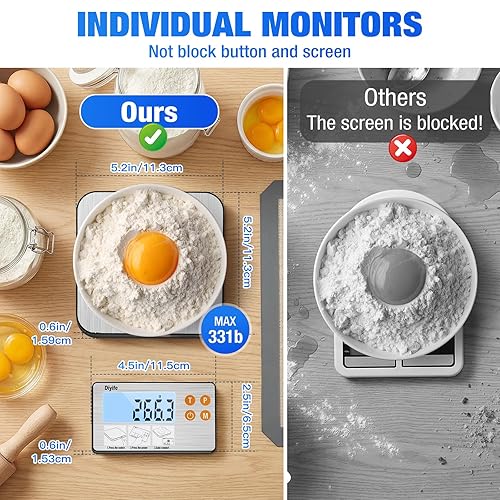 Vista 2 de Diyife - Báscula de alimentos dividida recargable, 33 libras con pantalla dividida, 1 g/0.1 oz de alta precisión, acero inoxidable 304 de grado
