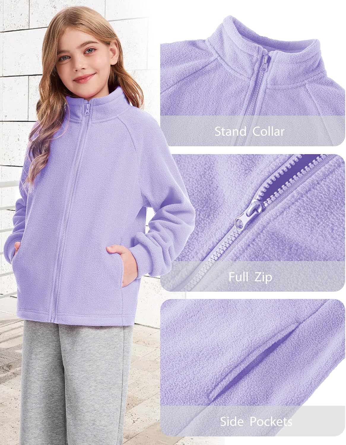 Girls Fleece Jackets Kids Zip Up Long Sleeve Fall Winter Coats Outwear with Pockets 5-14Years - Image 5
