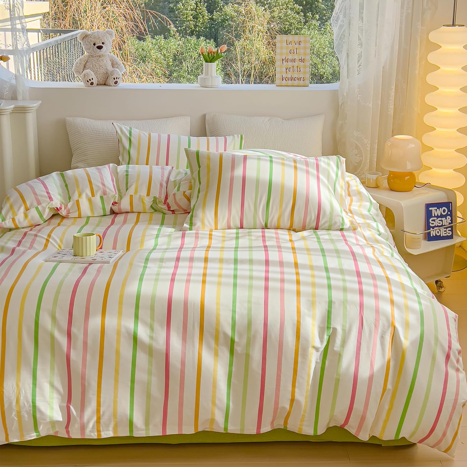 LIWHENHAO Striped Duvet Cover Set Twin 100% Cotton Bedding Red Green Yellow Orange Pink Rainbow Line on White 1 Stripe Geometric Comforter Cover Zipper Closure 2 Pillowcases for Kids Girls Boys