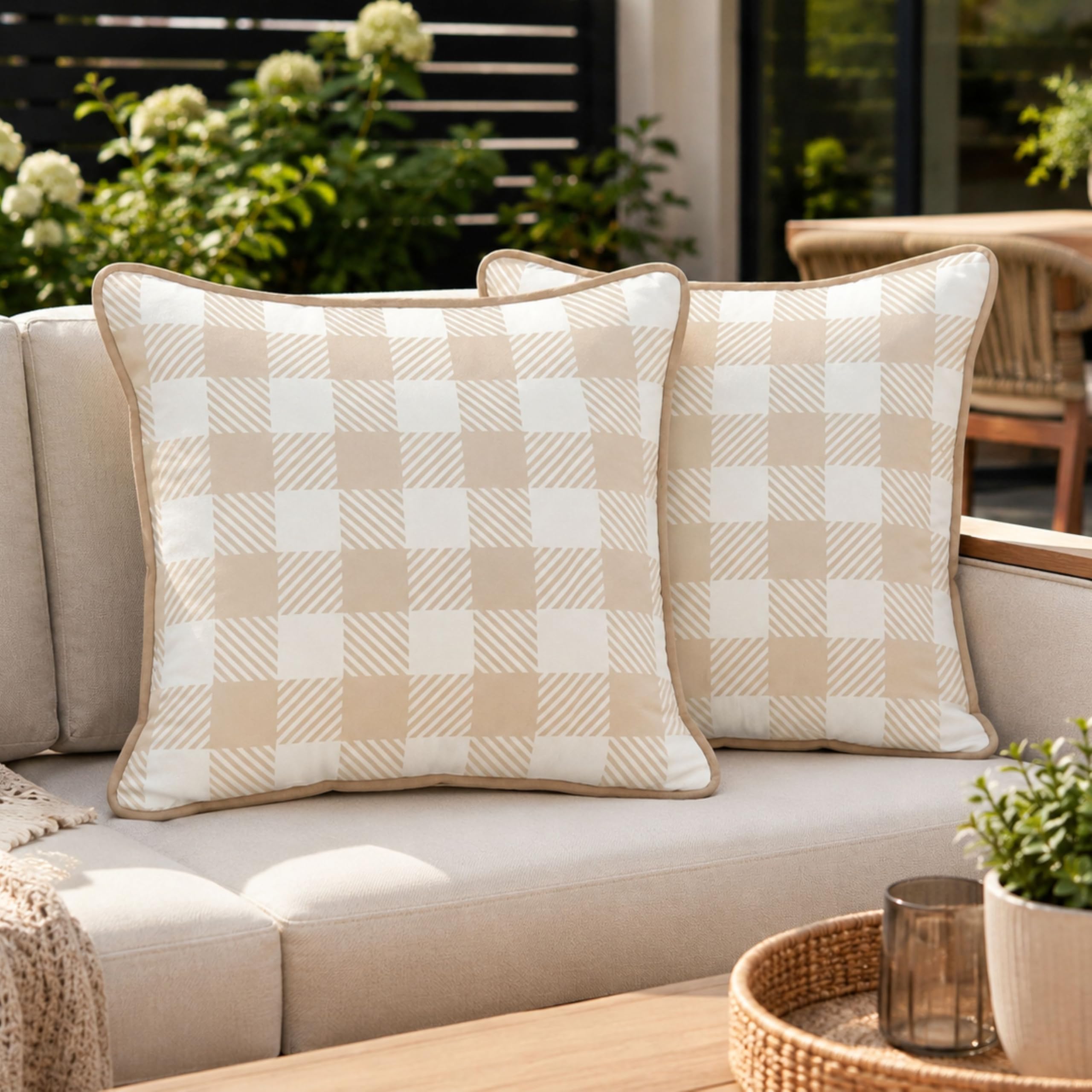 DecorX Waterproof Outdoor Pillow Covers 18x18, Set of 2, Beige and White Plaid Check Patio Throw Pillows, UV Resistant Neutral Cushion Cases for Farmhouse Porch Décor