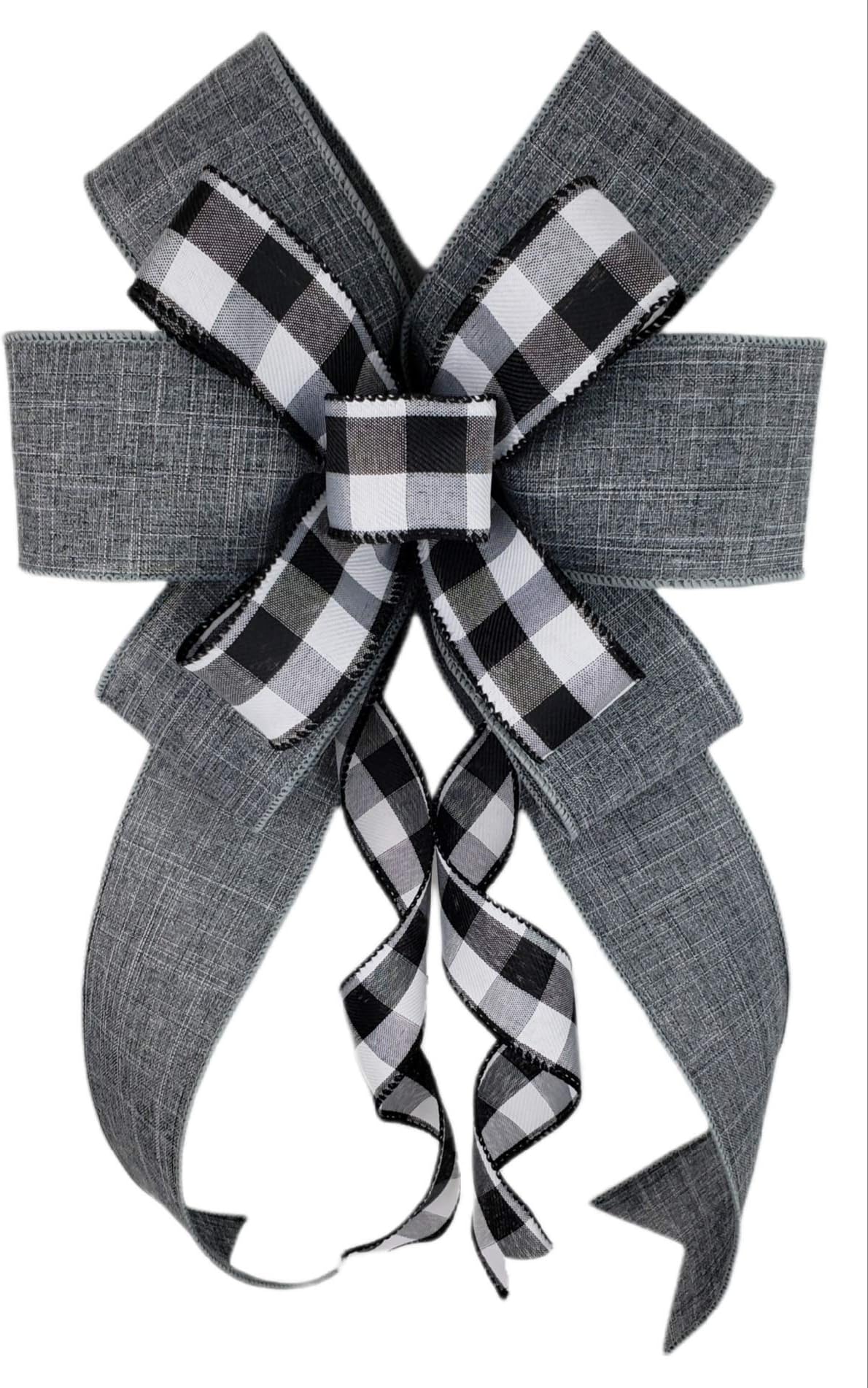 Black White Buffalo Check Plaid Grey Bow for Wreath 10 x 18 inches