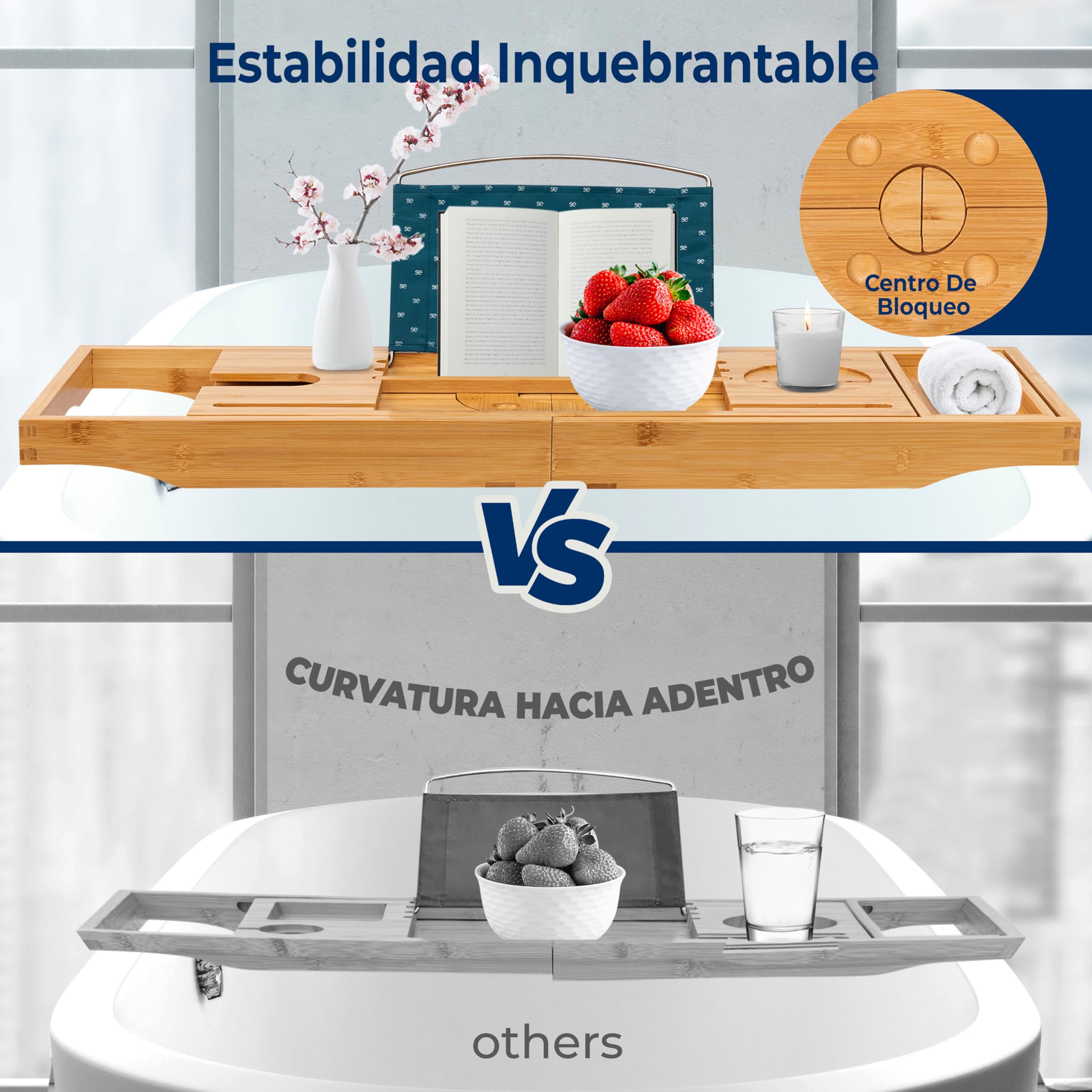 SereneLife Bandeja 2 en 1, para Cama y baño, Caddy, Plegable de Bambu, Longitud Ajustable, Antideslizante, Soporte para Dispositivos, Ranura para Copa de Vino