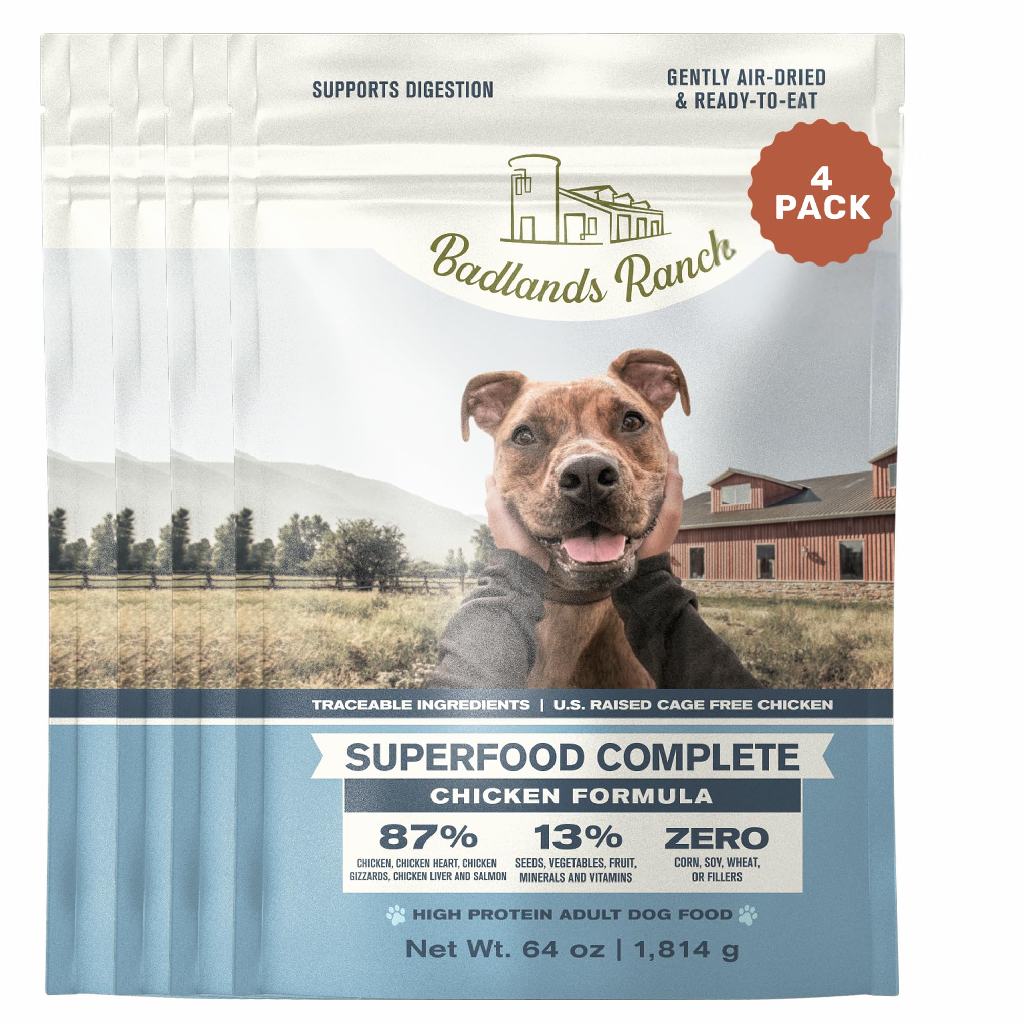 BADLANDS RANCH Air-Dried Chicken Dog Food, 87% Real Meat, 64 oz, 4-Pack