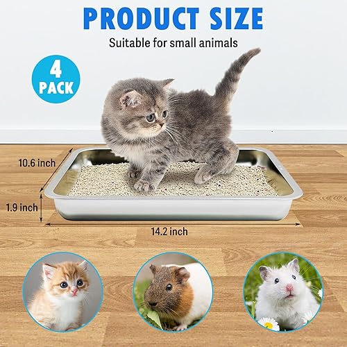 Miniatura 5 de BNOSDM Caja de arena para gatitos de acero inoxidable, 6 piezas, bandeja de arena pequeña y poco profunda para gatos con cuchara, bandeja de arena