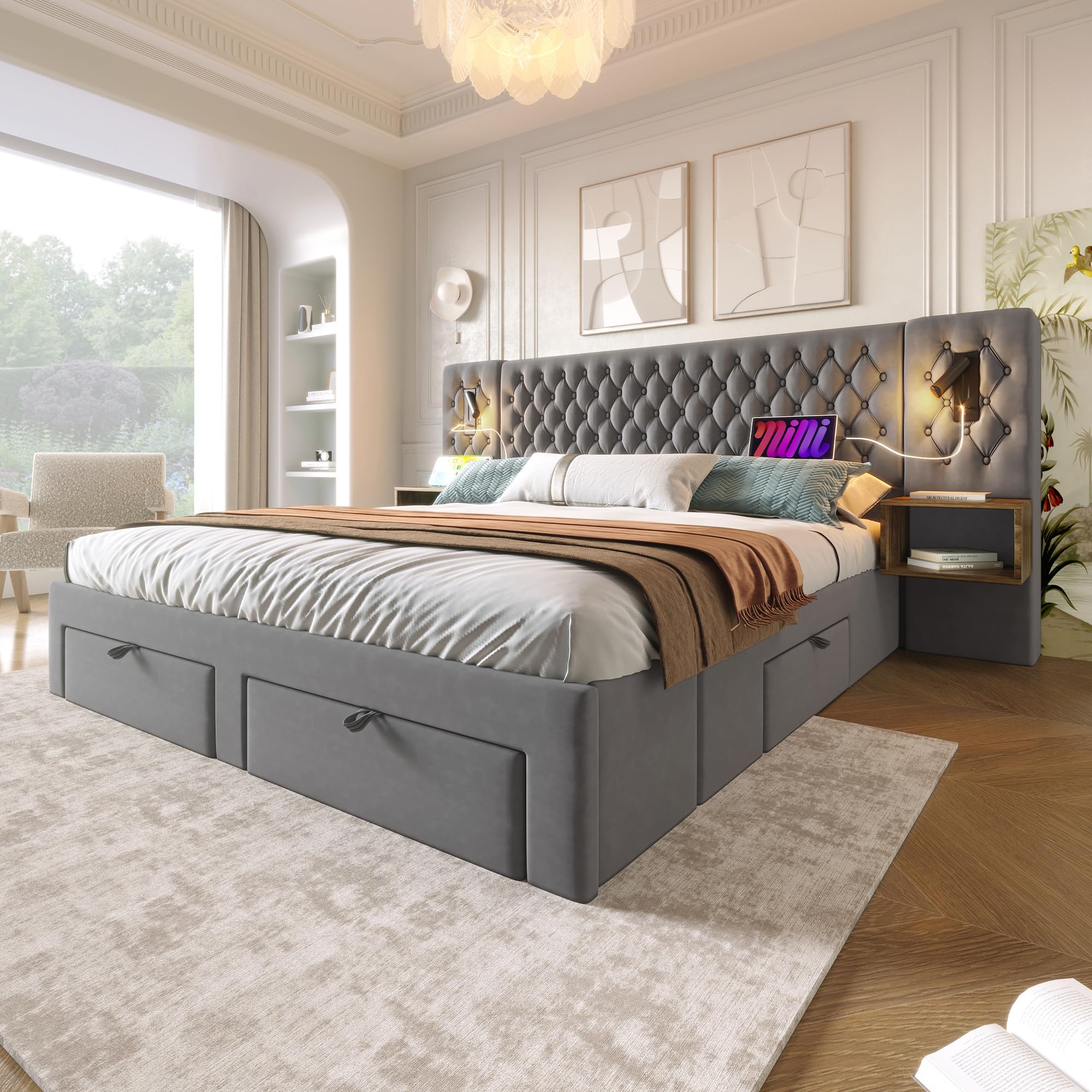 Set Completo per Letto Matrimoniale - Letto Imbottito 180 x 200 cm, Comodini e Cassetti, Lampada da Lettura USB