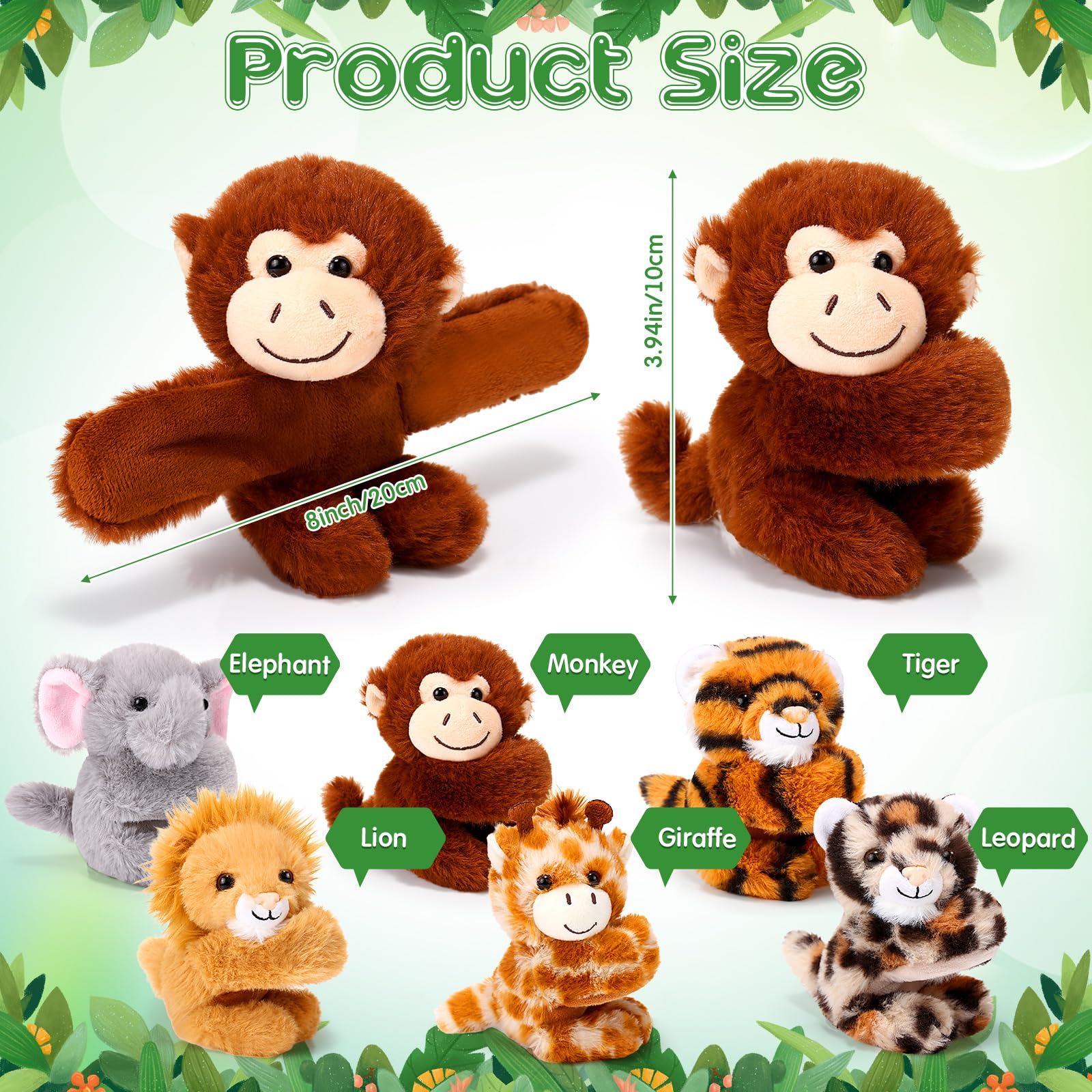 Gemscream 6 Pack Stuffed Animal Slap Bracelets for Kids, 8 Inch Plush Animal Wrist Cute Snap Bracelets in Bulk Easter Graduation Birthday Gifts for Boys and Girls Party Favors(Wild Animals)