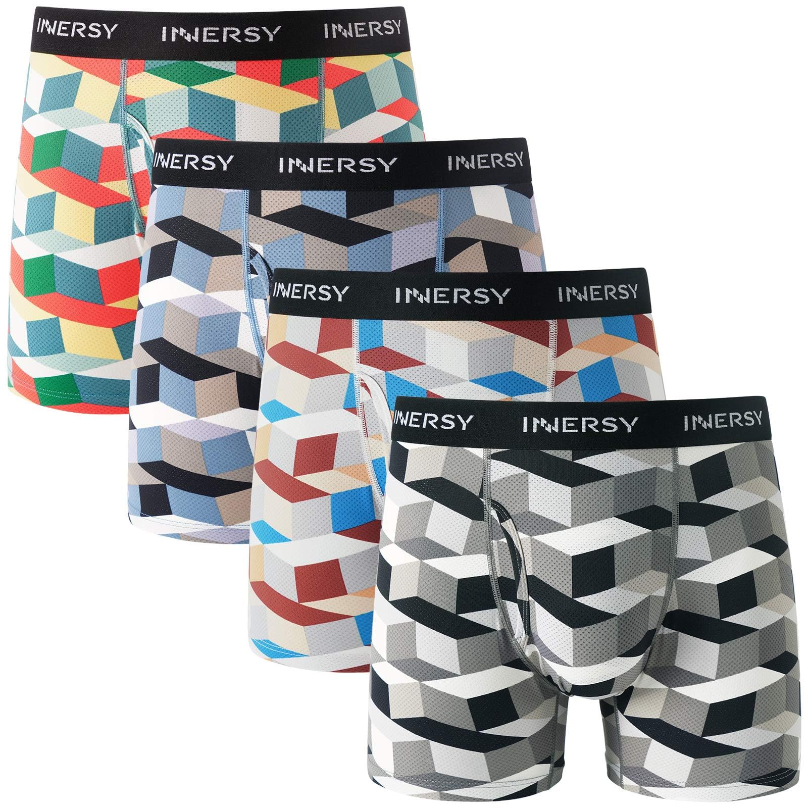 INNERSY Boxershorts Herren Bunte Unterhosen Männer Eingriff Atmungsaktive Unterwäsche Mehrpack 4 (L, Bunter Würfel)