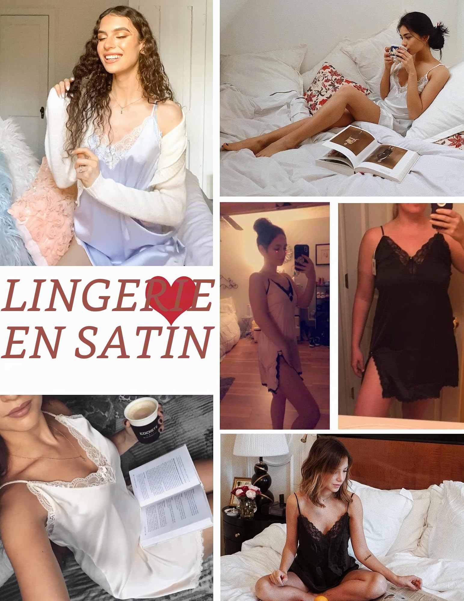 Ekouaer Chemise de Nuit Femme Sexy Dentelle Satin Bretelles Reglables sans Manches Vêtement de Nuit S-XXL