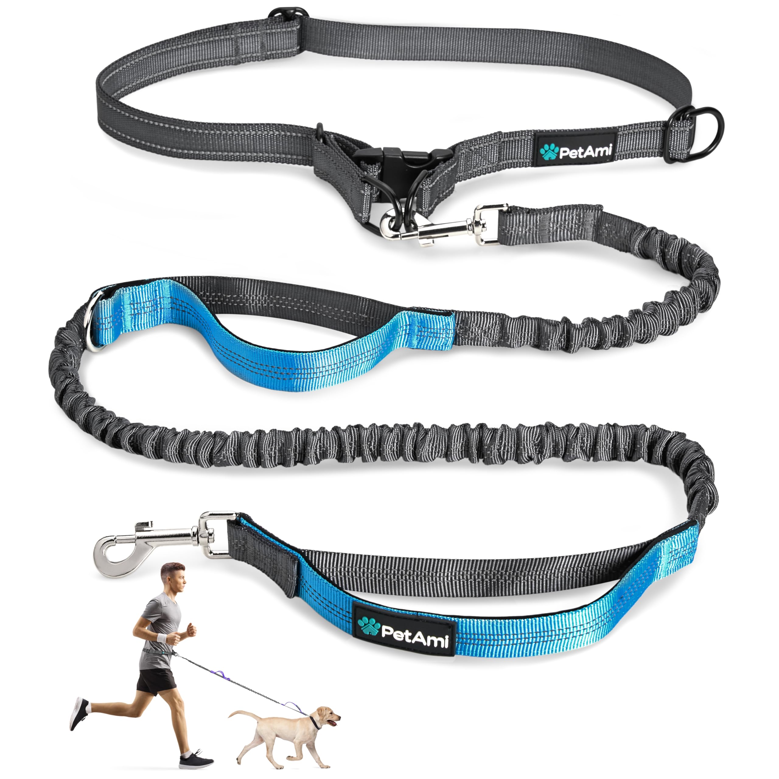 PetAmi Hands-Free Dog Leash for Walking, Running & Hiking, Heavy Duty Bungee Waist Leash with Dual Padded Handles, Adjustable Reflective Belt for Small, Medium & Large Dogs up to 150 lbs, Sea Blue
