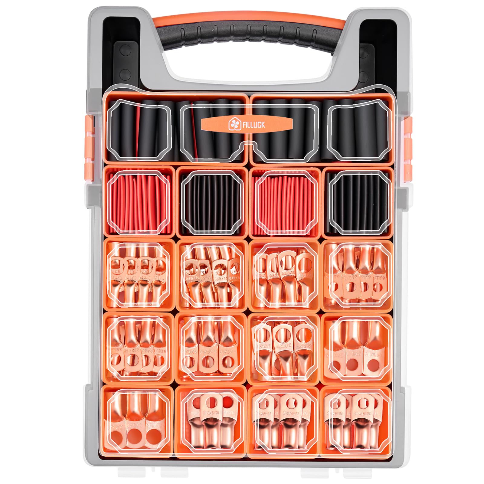 Kit di 227 terminali per cavi della batteria, AWG 2 4 6 8 1/0 2/0, capicorda da 0 gauge 00, connettori terminali ad anello da 3/8" con tubo termorestringente 3:1 e scatola di immagazzinaggio