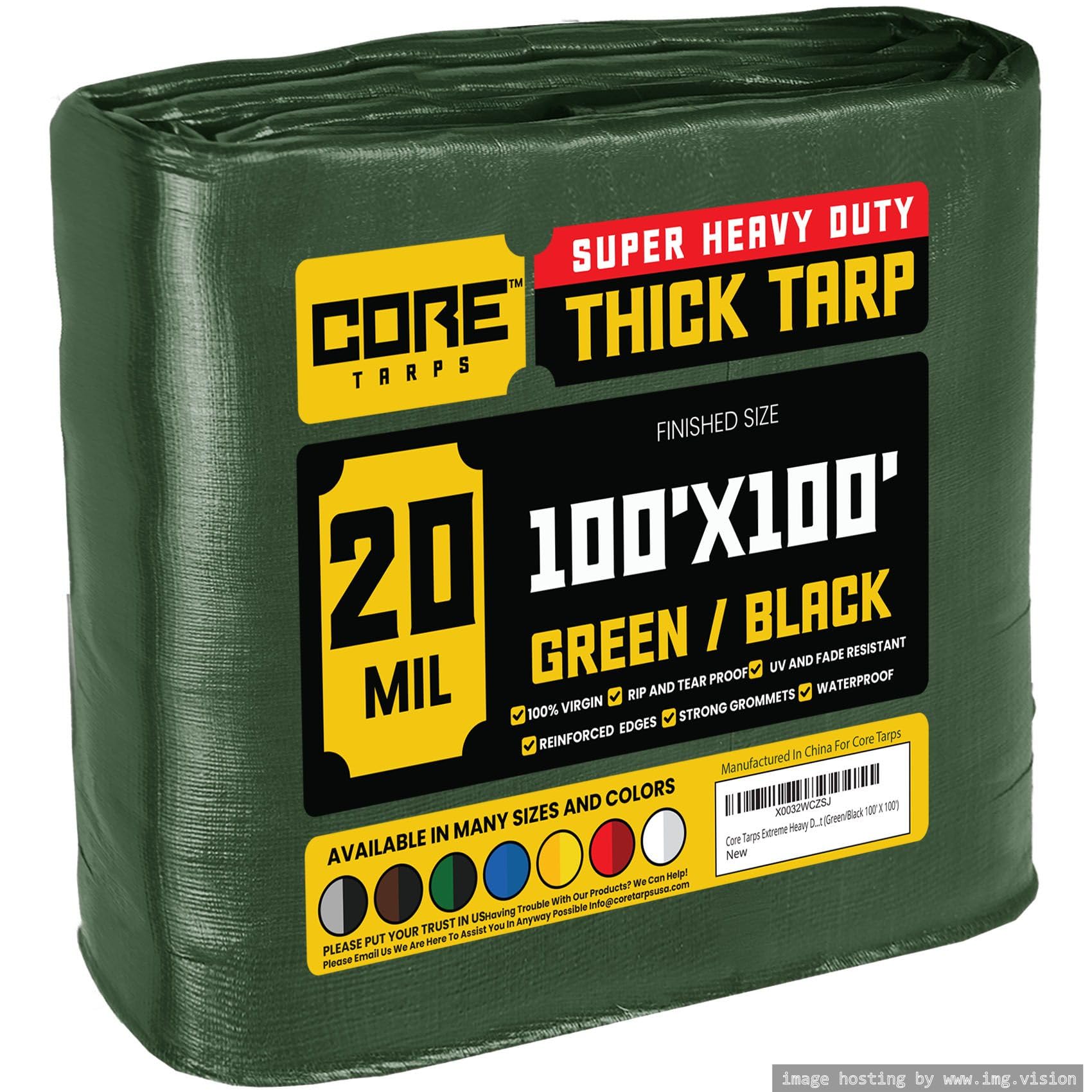 Core Tarps Extreme Heavy Duty 20 Mil Tarp Cover, Waterproof, UV Resistant, Rip and Tear Proof, Poly Tarpaulin with Reinforced Edges for Roof, Patio, Pool, Boat (Green/Black 100′ X 100′)