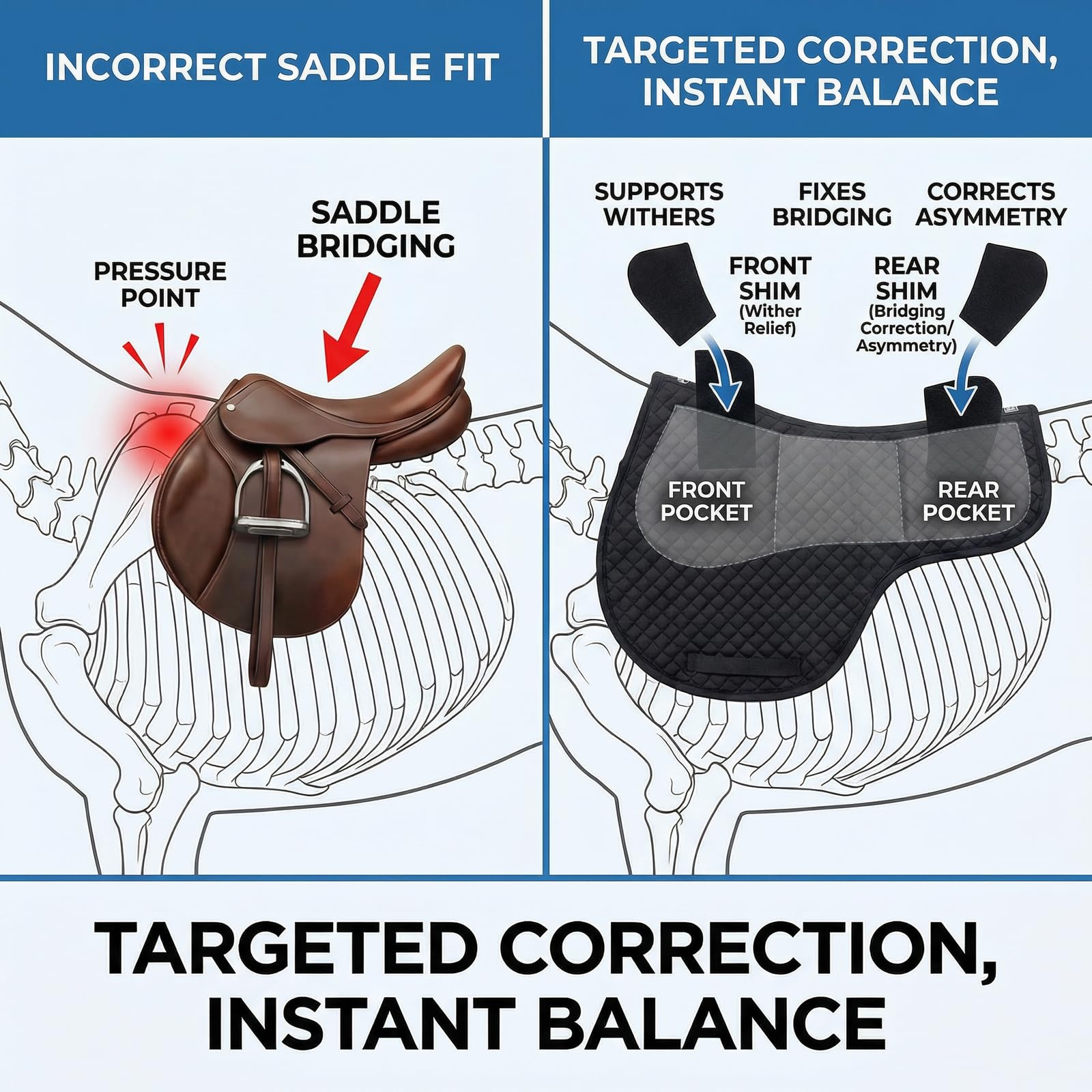 Petcci Felt Shims for English & Western Saddle Pad, Adjustable 5mm & 10mm Balance Pads for Horses, Shock Absorbing & Breathable Fit Pad Horse Saddle Correction System Black 12-Piece - 3
