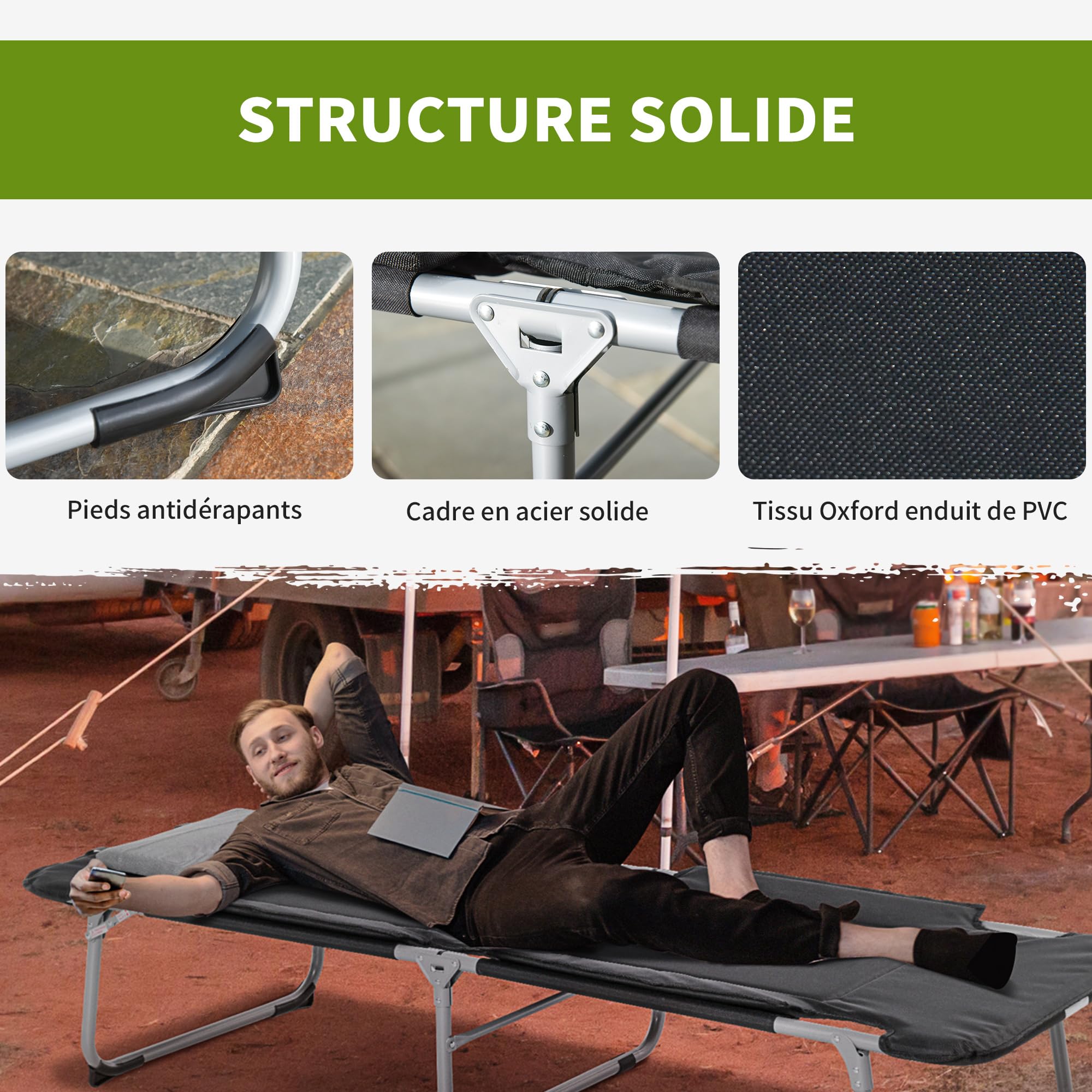 Outsunny Lit de Camping Pliable pour Adultes, lit de Camp Portable avec Rembourrage en Mousse et Oreiller Amovible, 183 x 66 x 33 cm, Noir