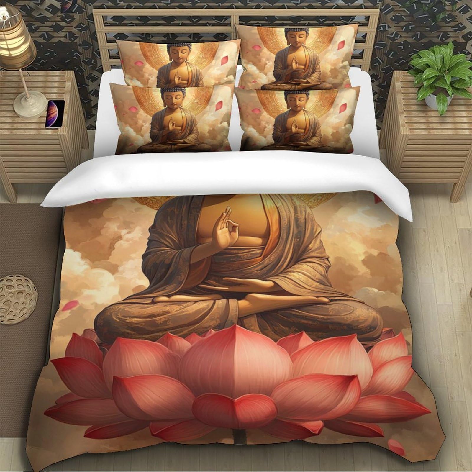 Budda z kwiatem lotosu 3 szt. zestaw pościeli z nadrukiem, poszewka na kołdrę 3D dla chłopców i dorosłych, mikrofibra, z poszewkami na poduszki, łatwa pielęgnacja, mikrofibra, ukryty zamek