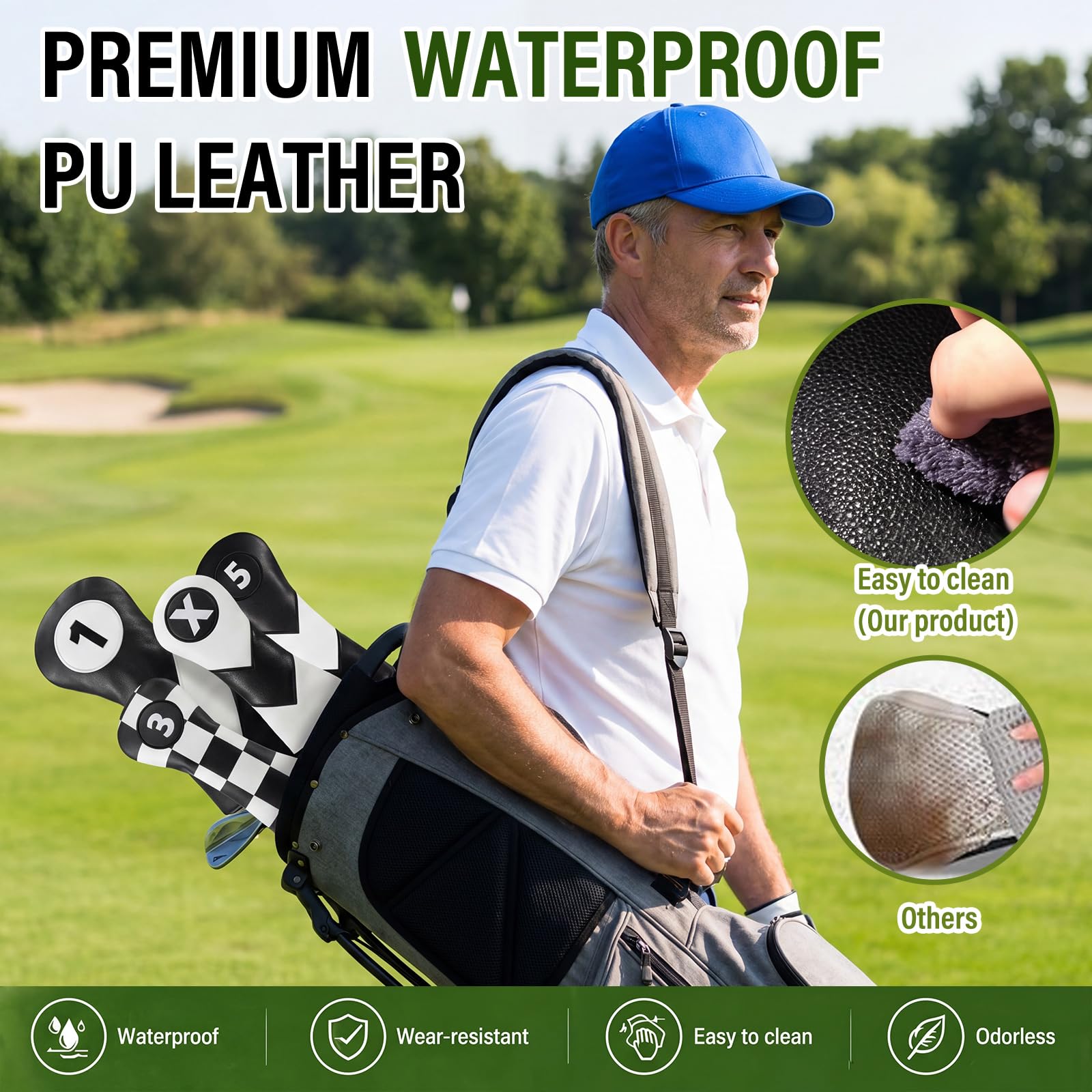 Kit de accesorios de golf de 16 piezas, 4 fundas de cuero para palos de golf para maderas, conductores e híbridos con marcador de bola magnético, camisetas y juego de cepillo de limpieza para