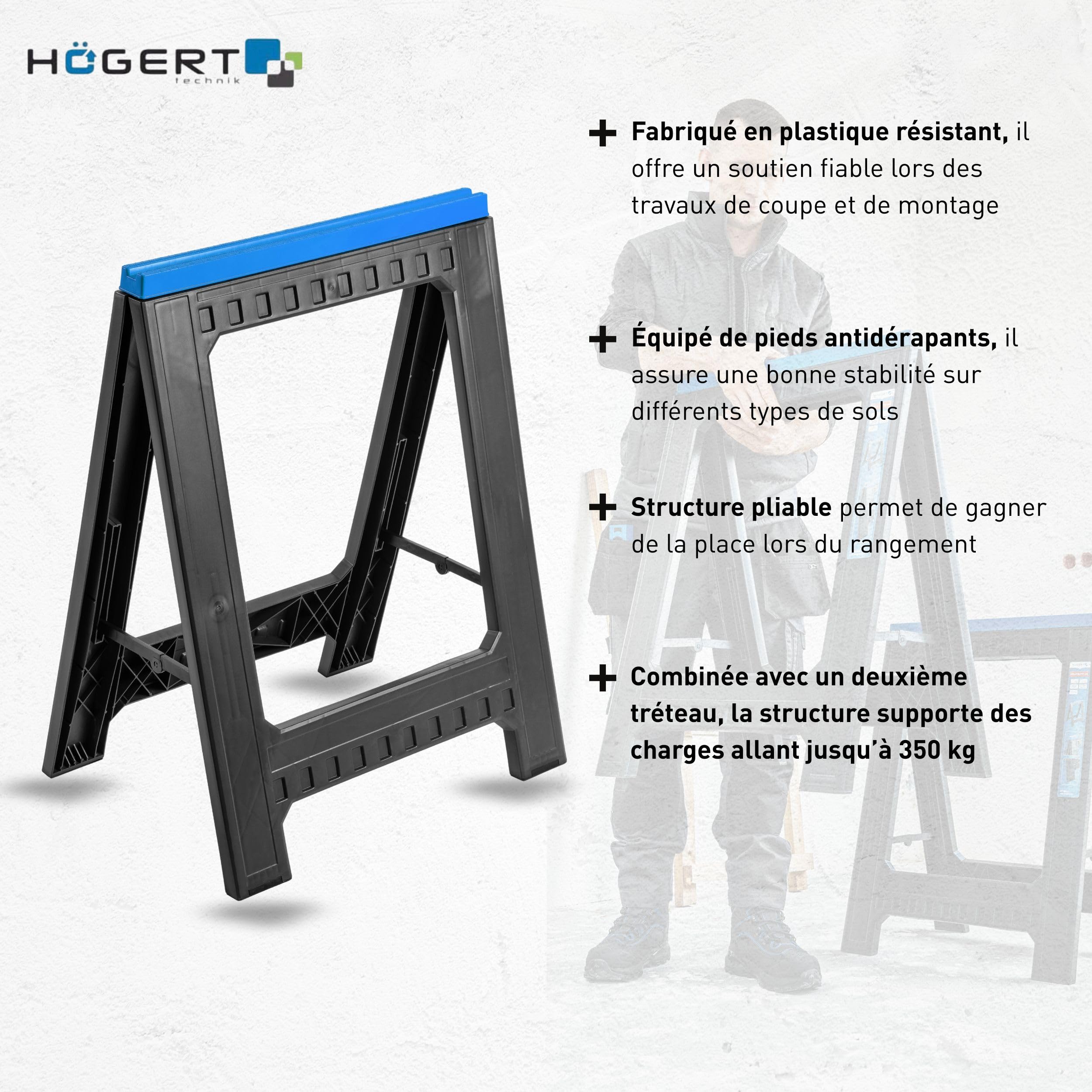 HÖGERT TECHNIK Banc de travail pliant en plastique, hauteur stable 77 cm, tréteau de travail avec pieds antidérapants, deux supports, charge maximale de 350 kg, pour le travail du bois et du métal