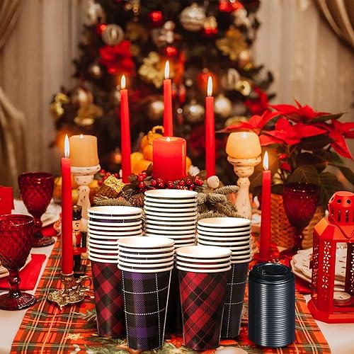 Miniatura 5 de Uiifan Paquete de 50 tazas de café de Navidad de 16 onzas, vasos desechables de copos de nieve negros y dorados, vasos de papel de Feliz Navidad con
