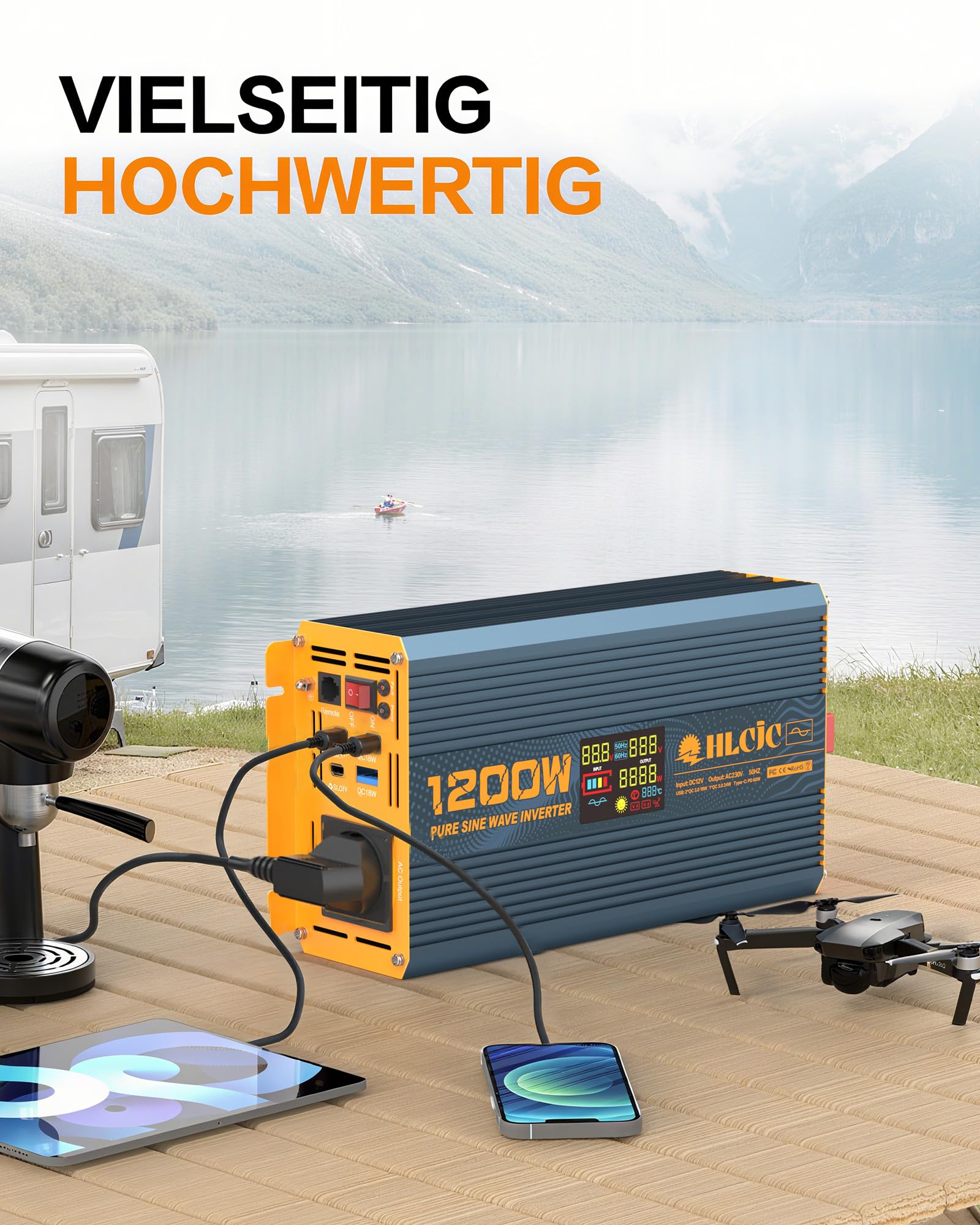 Convertidor de Voltaje 1200W/2400W Inversor de Onda Sinusoidal Pura 12V a 230V, Pantalla LCD para Autocaravana Camión Coche