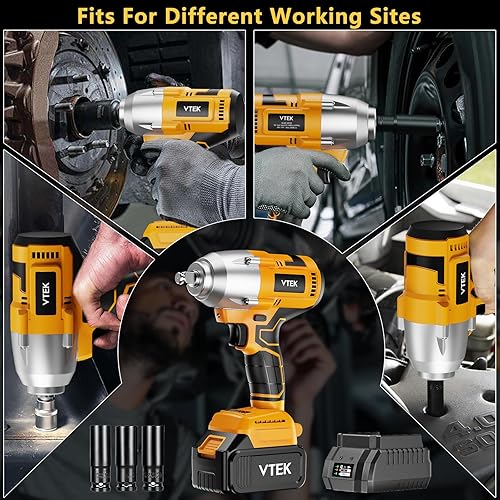 Miniatura 6 de VTEK Llave de impacto sin escobillas Llave de impacto inalámbrica de 1/2 pulgada, par máximo 700N.m pistola de impacto 515 ft-lbs para niveles de