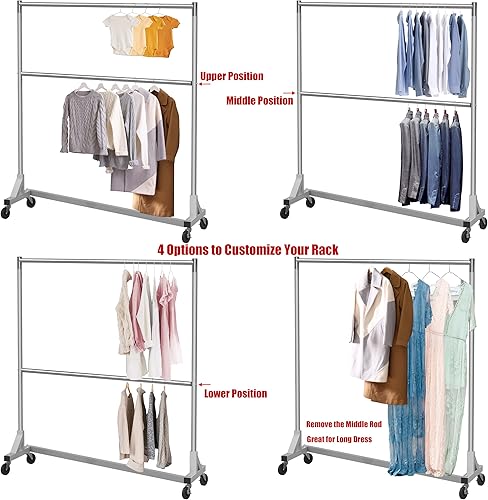 Miniatura 4 de Simple Houseware Estante para ropa de doble barra con base en Z de grado comercial, carga de 600 libras, 63 pulgadas, plateado