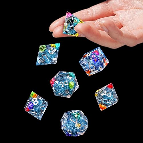 Miniatura 110 de AUSTOR Juego de dados DND de resina de núcleo líquido, de borde afilado, 7 troqueles, juego de dados DND de arena movediza hechos a mano