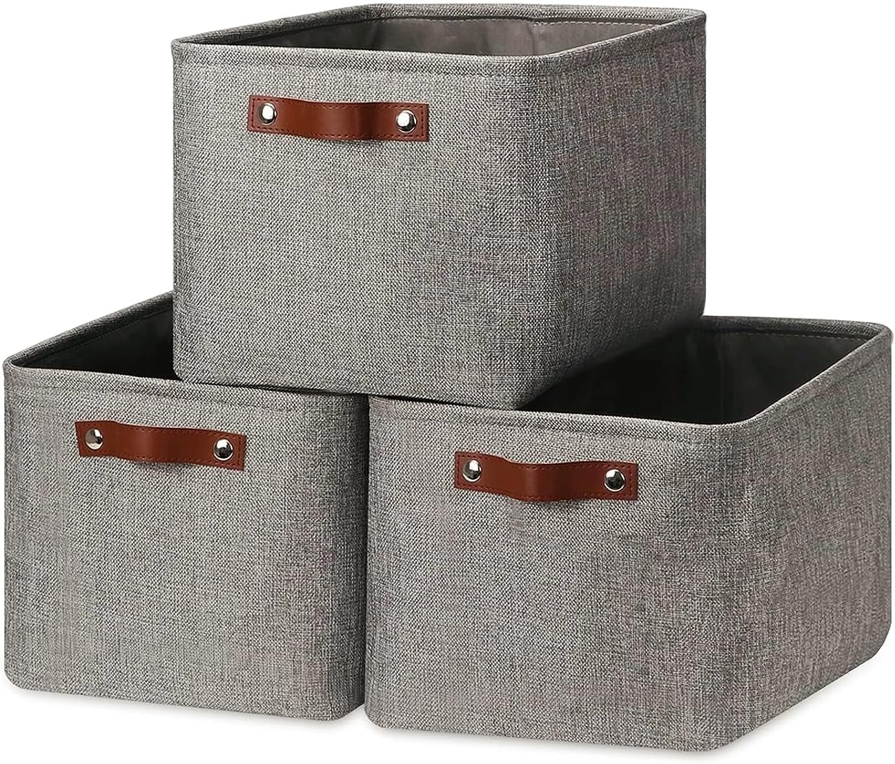 Mangata 33x38x33CM Storage Cube Boxes, Collapsible Linen Woven Fabric Storage Baskets, Cube Closet Organizer with Leather Handles (Grey)