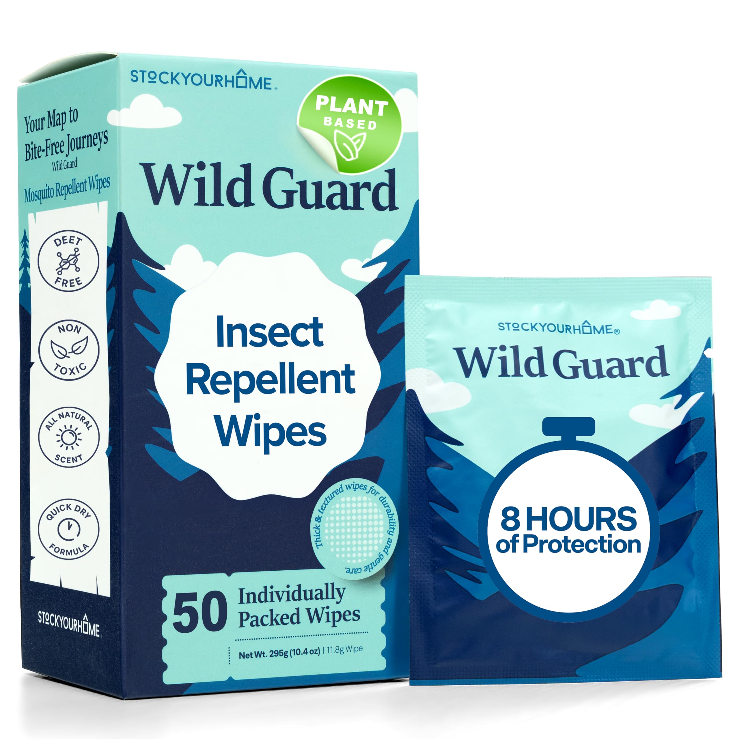 Wild Guard Mosquito Repellent Wipes (50 Pack), DEET Free Insect Repellent, Individually Wrapped Bug Wipes for Kids and Family, Travel Size for Camping