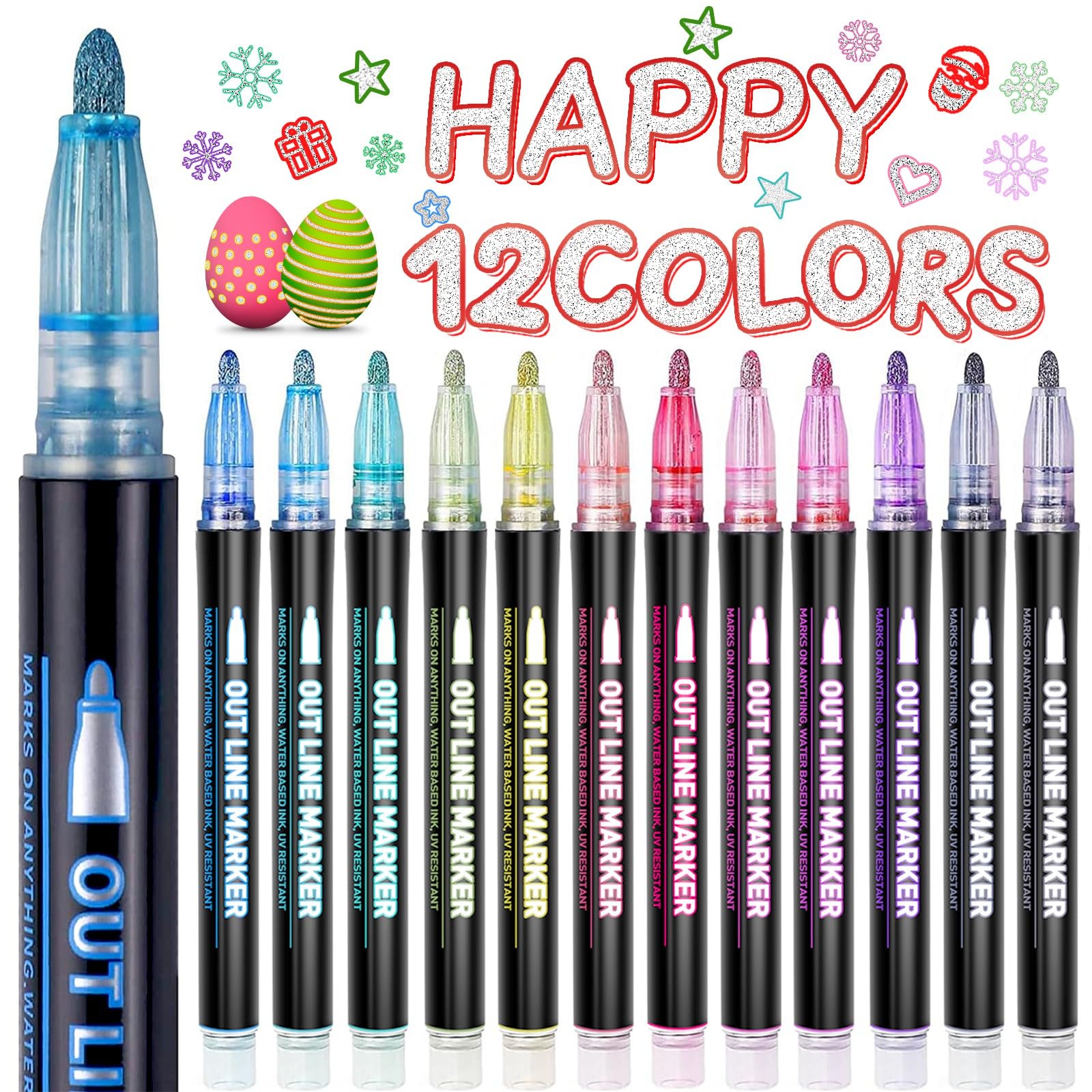 Lenski Valentines Gifts for Kids, 12 Glitter Pens Outline Marker Pens, Gift for 4-13 Year Old Gifts for Teenage Girls Birthday Presents, Colouring Pens, Easter Gift for Kids