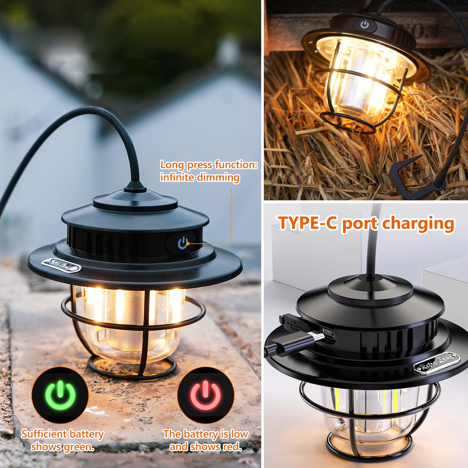 Lampada da campeggio a LED ricaricabile USB: lampada da campeggio portatile con gancio per tenda, escursionismo, pesca, all'aperto e cadute di emergenza, impermeabile IPX4, 4 modalità di