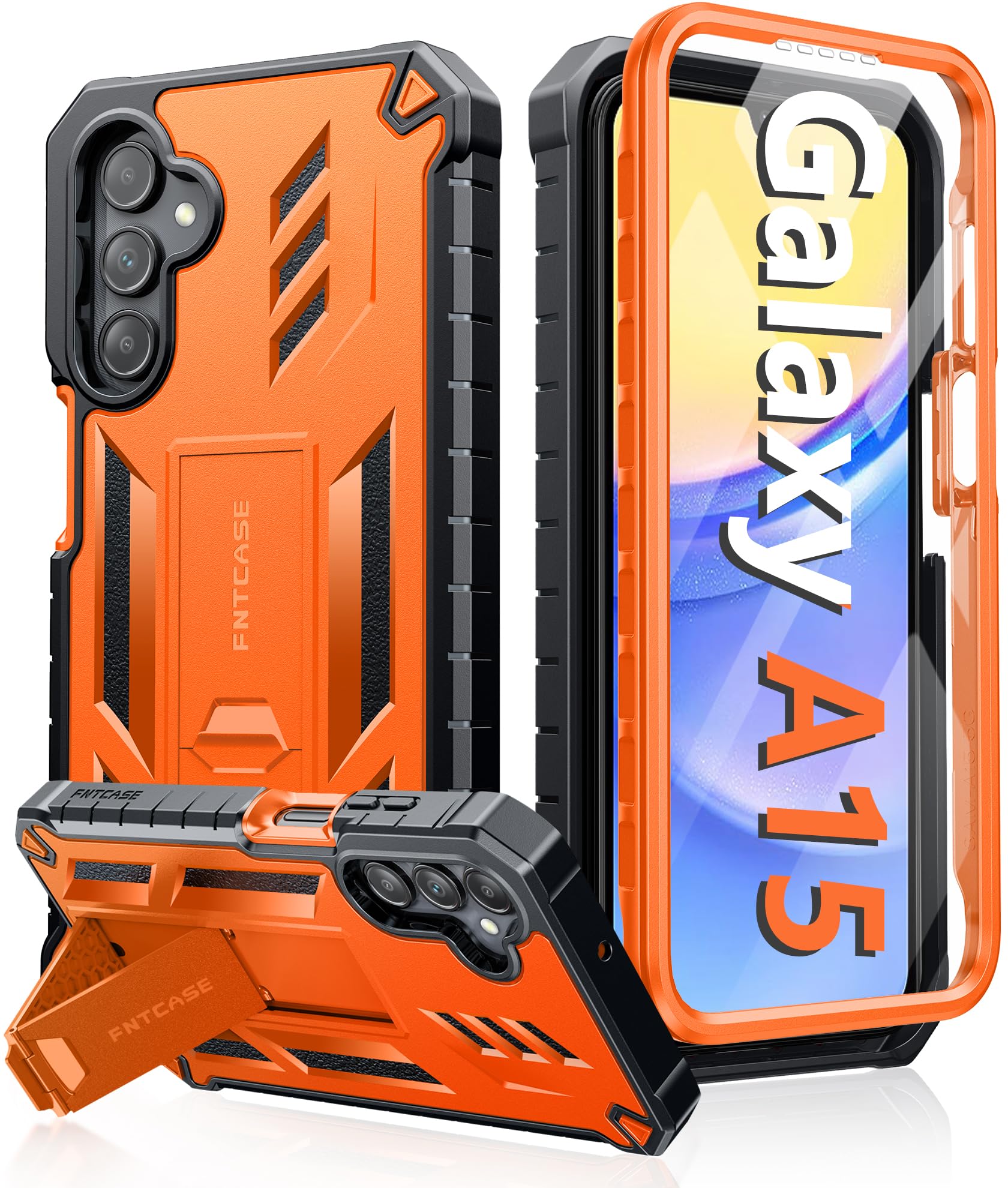 Photo 1 of FNTCASE for Samsung Galaxy A15-5G Case: Military Grade Drop Proof Protection Phone Cover with Kickstand | Heavy Duty Rugged Full Body Protective Shockproof Matte Textured TPU Cases - 6.5 Inch (Orange)